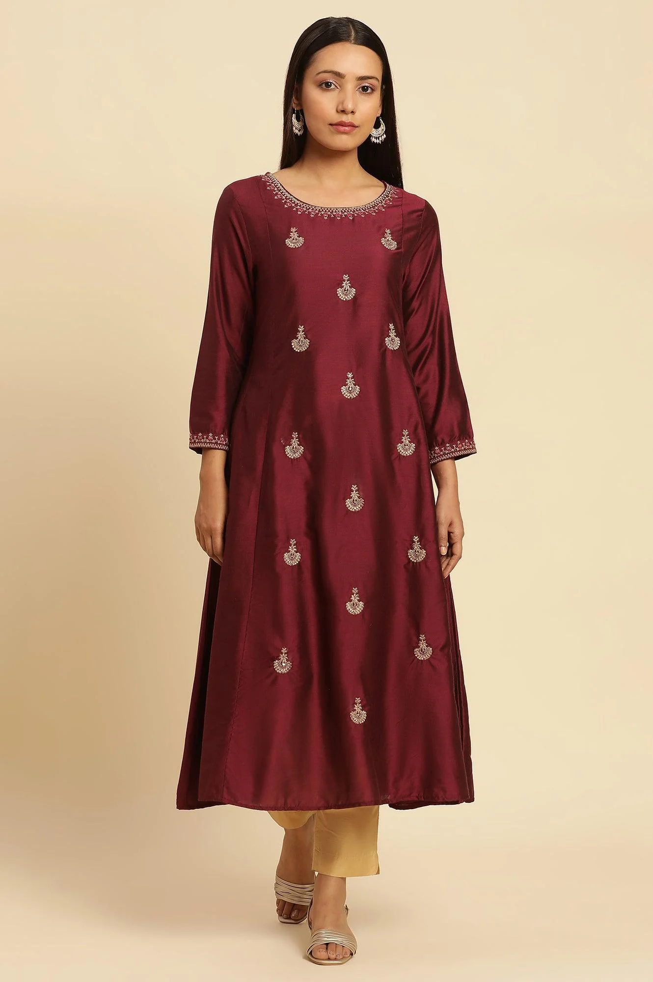 Dark Red Flared Embroidered Kurta - Image 2