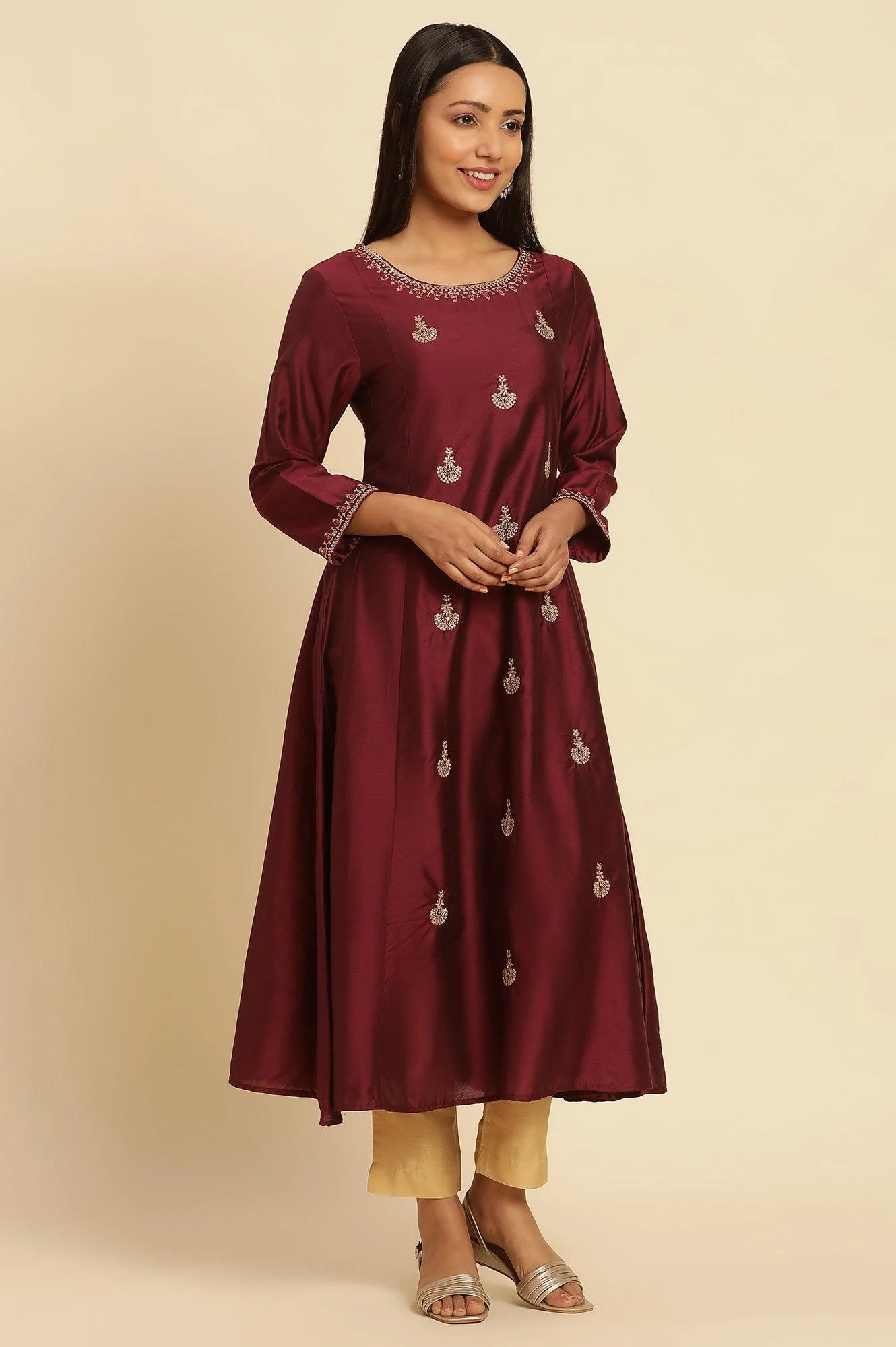Dark Red Flared Embroidered Kurta - Image 5