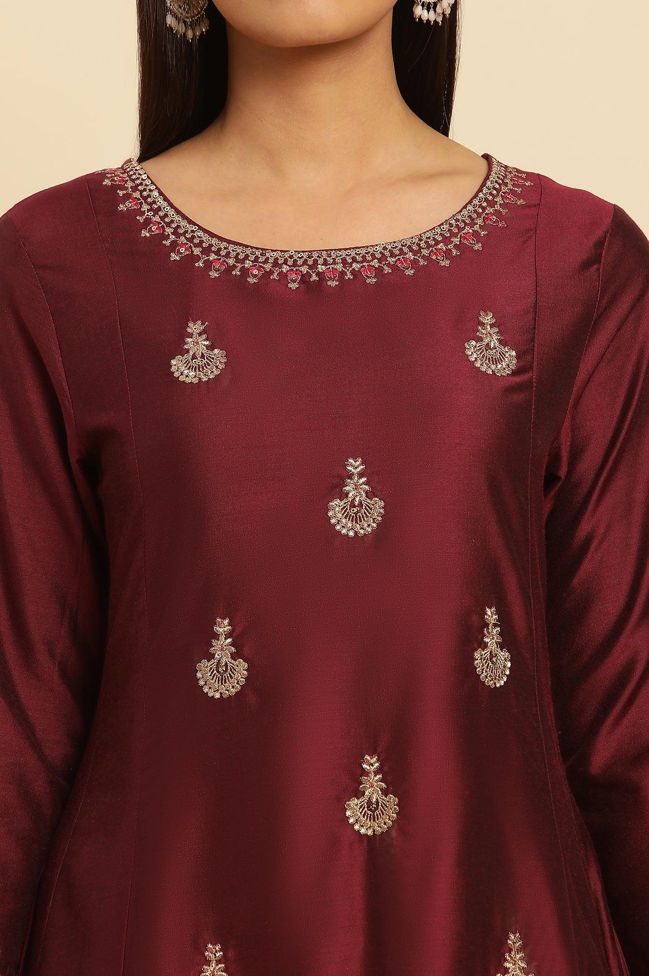 Dark Red Flared Embroidered Kurta - Image 6