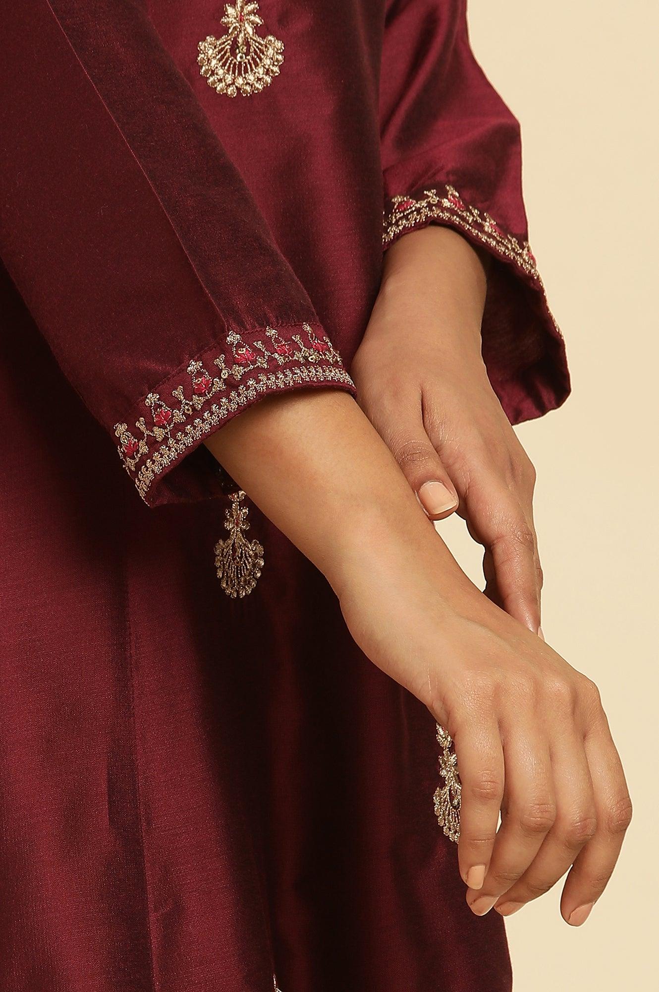 Dark Red Flared Embroidered Kurta - Image 7
