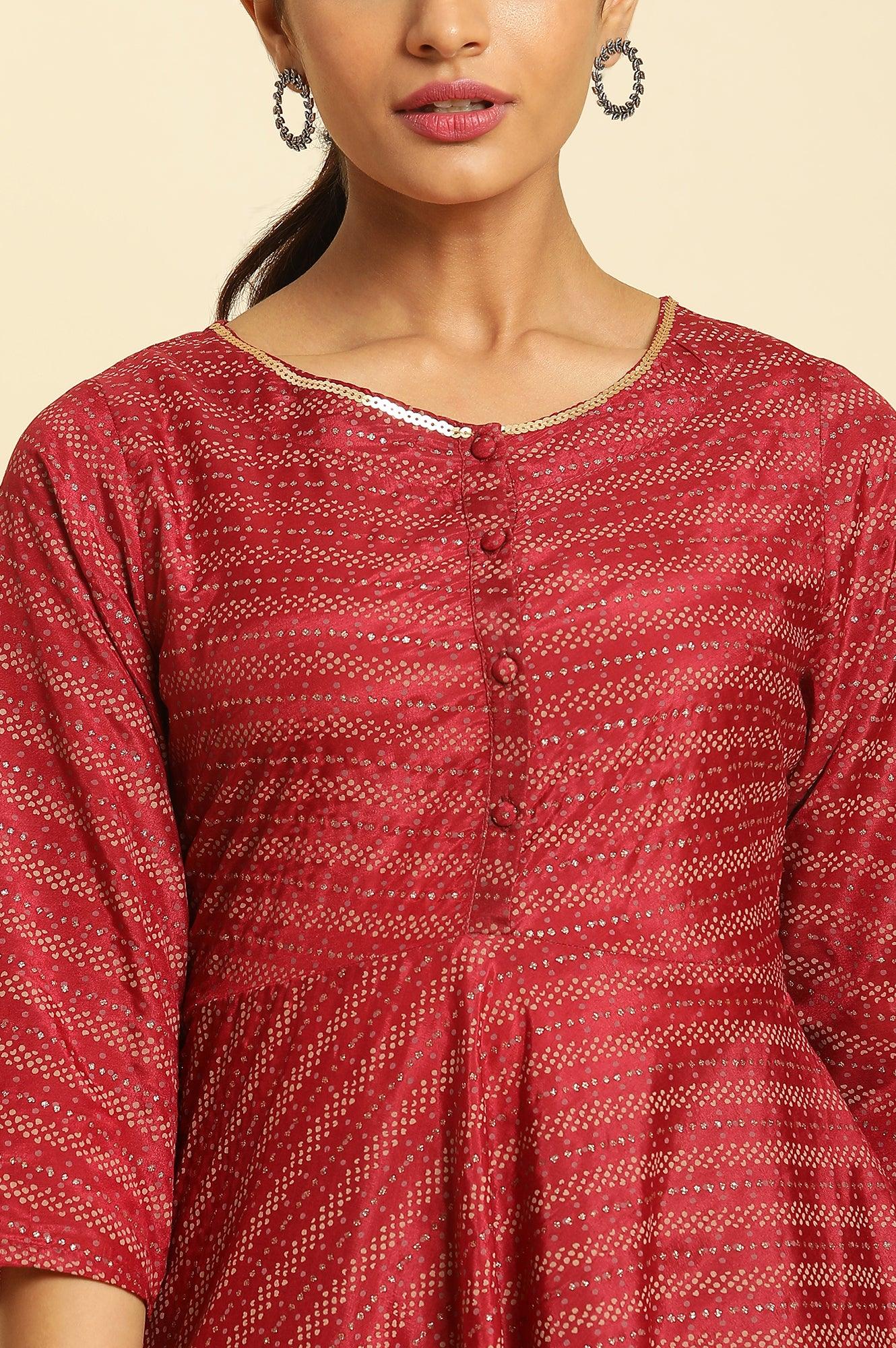 Dark Red Flared Sequined Printed Kurta - Image 6