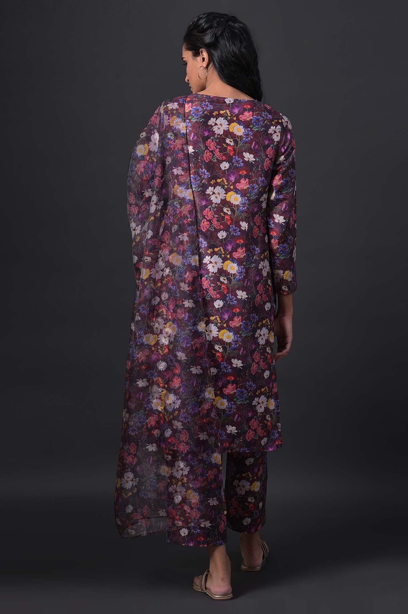 Dark Red Floral Print kurta With Straight Pants And Organza Dupatta - Image 2