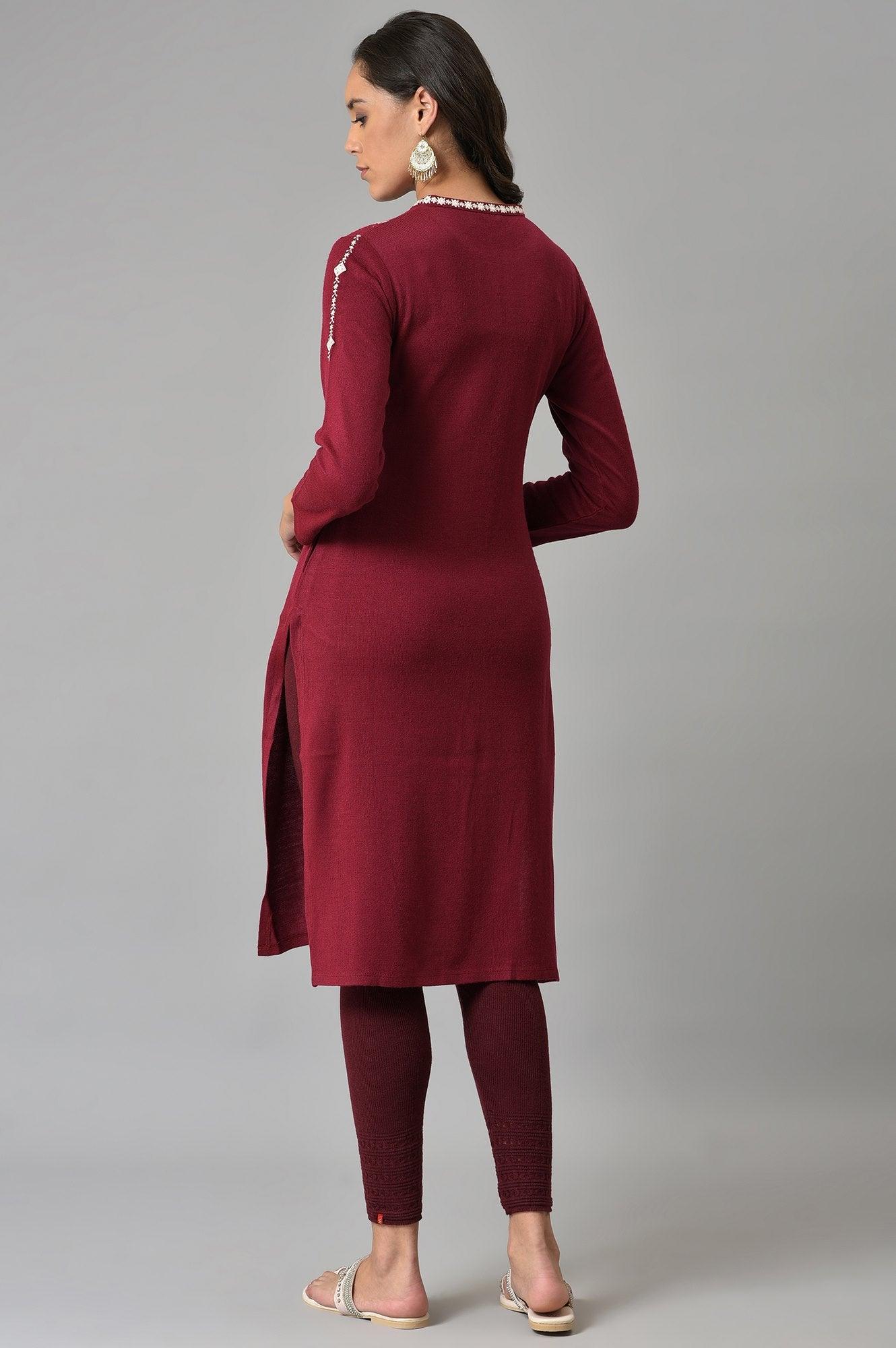 Dark Red Floral Printed Embroidered kurta - Image 2