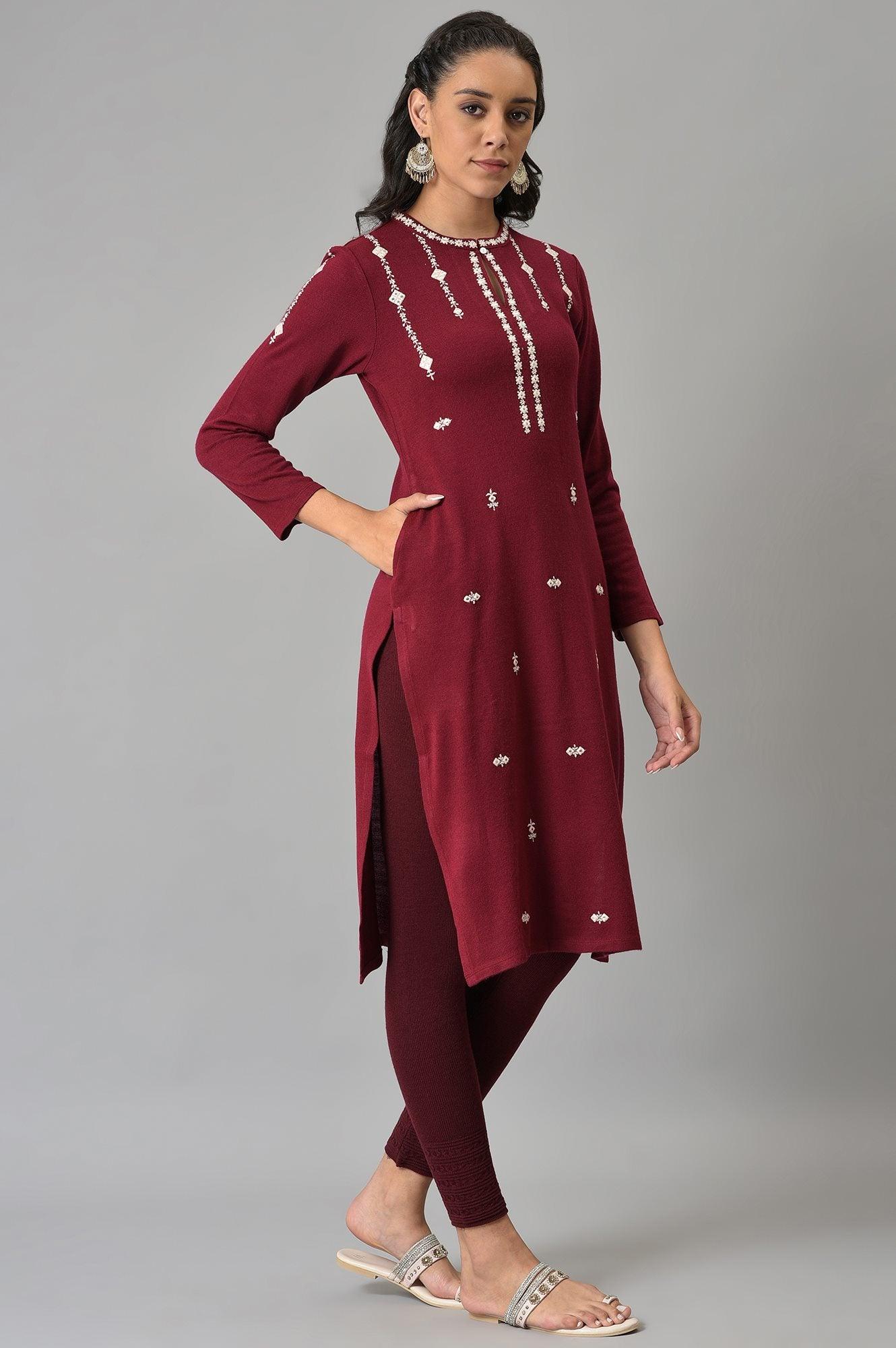 Dark Red Floral Printed Embroidered kurta - Image 4