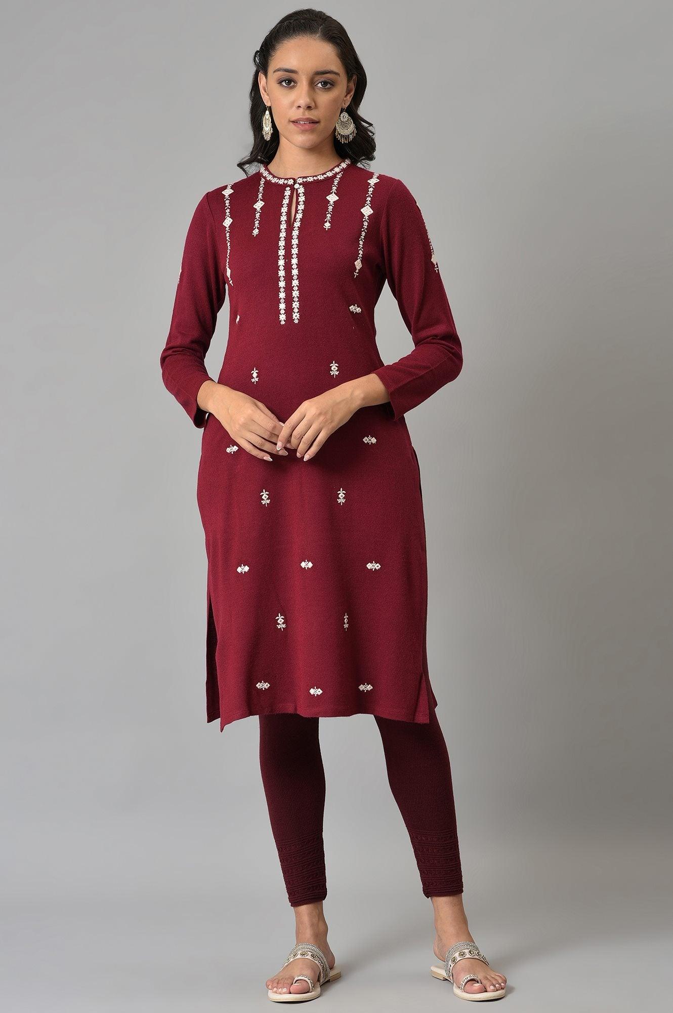 Dark Red Floral Printed Embroidered kurta - Image 5