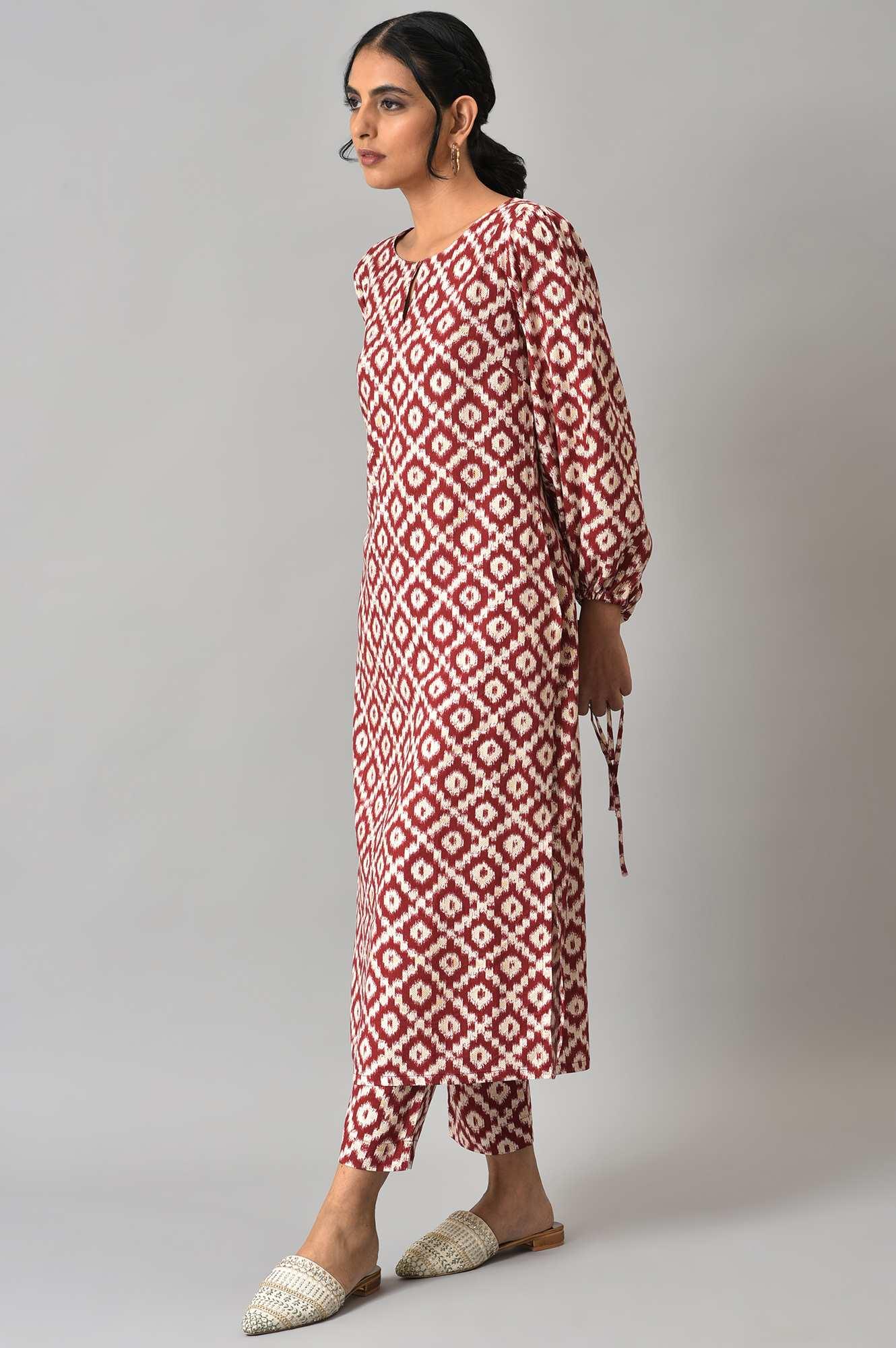 Dark Red Ikkat Print kurta with Slim Pants Co-ord Set - Image 3