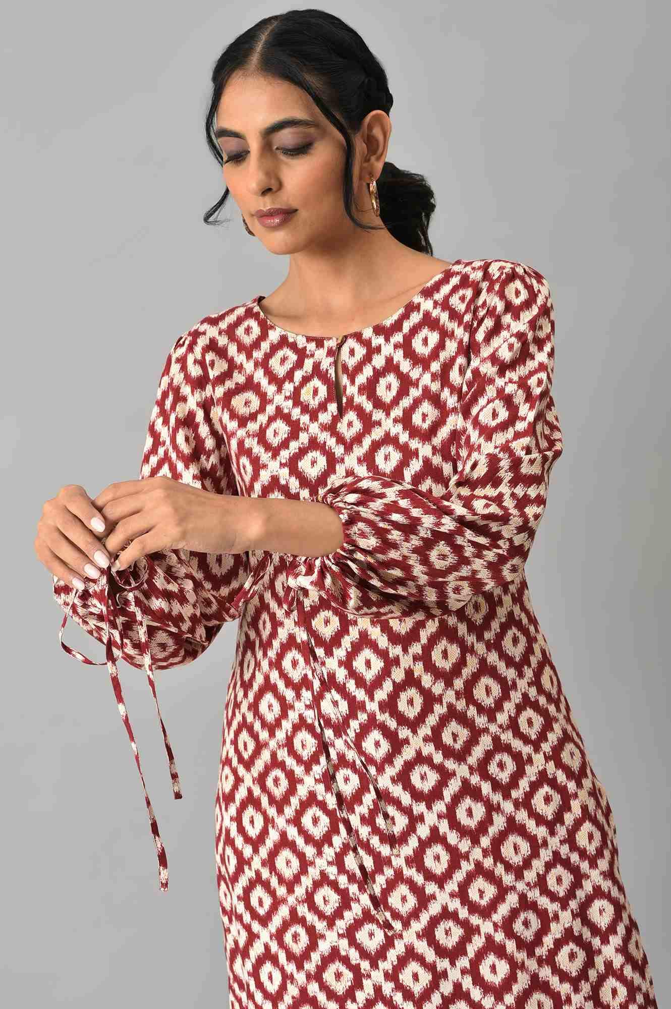 Dark Red Ikkat Print kurta with Slim Pants Co-ord Set - Image 5