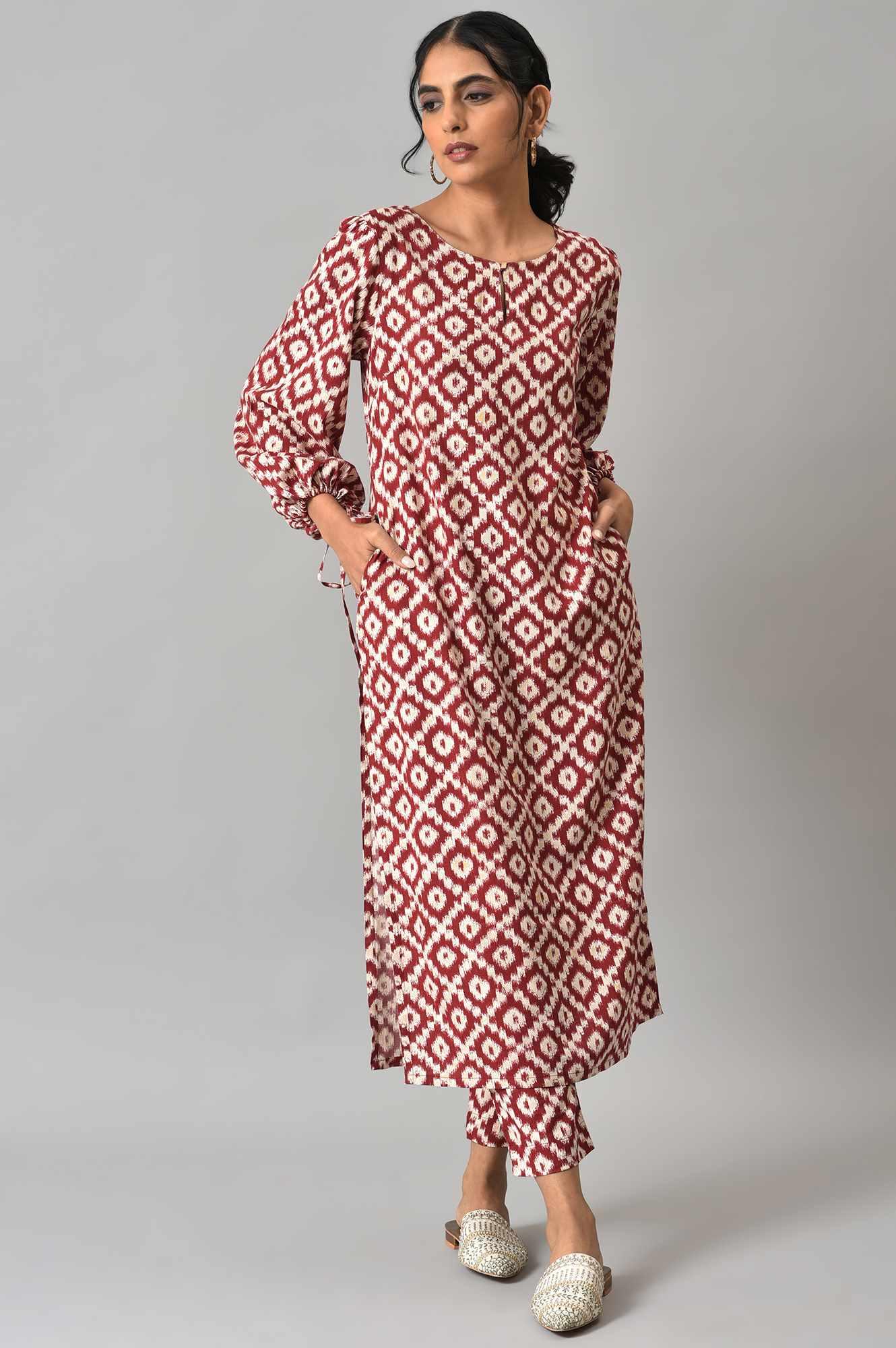 Dark Red Ikkat Print kurta with Slim Pants Co-ord Set - Image 8