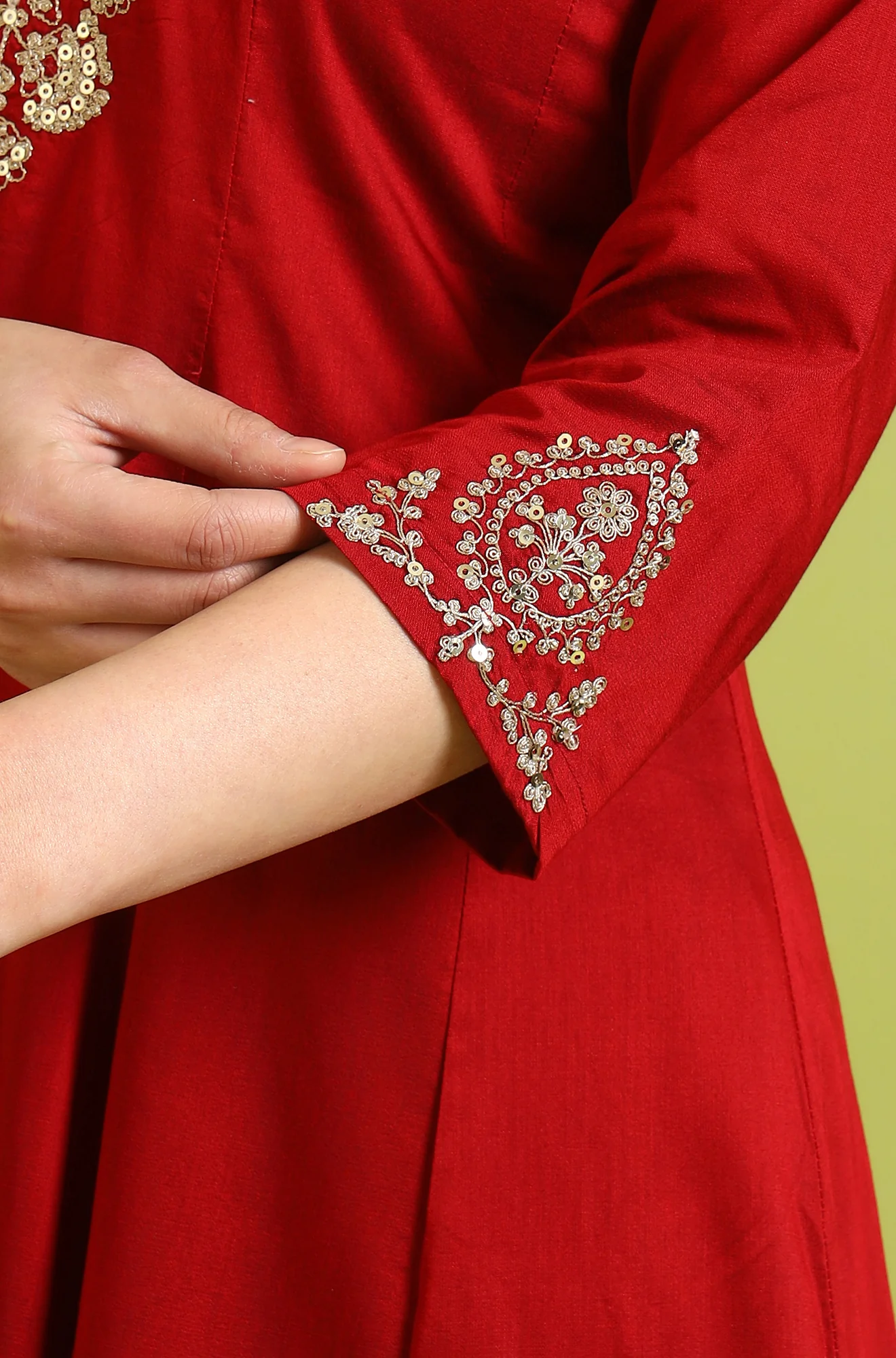 Dark Red Metallic Embroidered Anarkali Kurta, Pants and Dupatta Set - Image 8