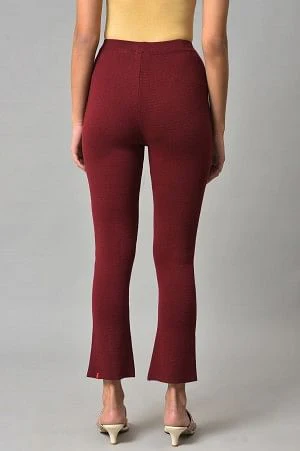 Dark Red Solid Knitted Flared Pants - Image 2