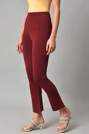 Dark Red Solid Knitted Flared Pants - Image 3