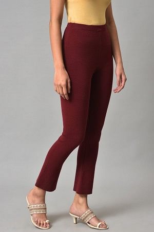 Dark Red Solid Knitted Flared Pants - Image 4