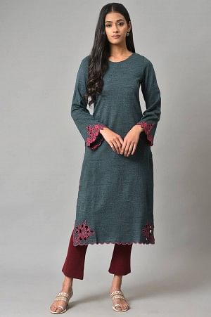Dark Red Solid Knitted Flared Pants - Image 5