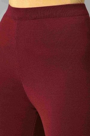 Dark Red Solid Knitted Flared Pants - Image 7