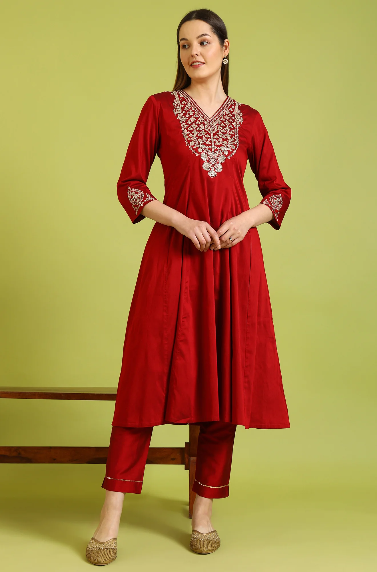 Dark Red Zari Embroidered Anarkali Kurta - Image 2
