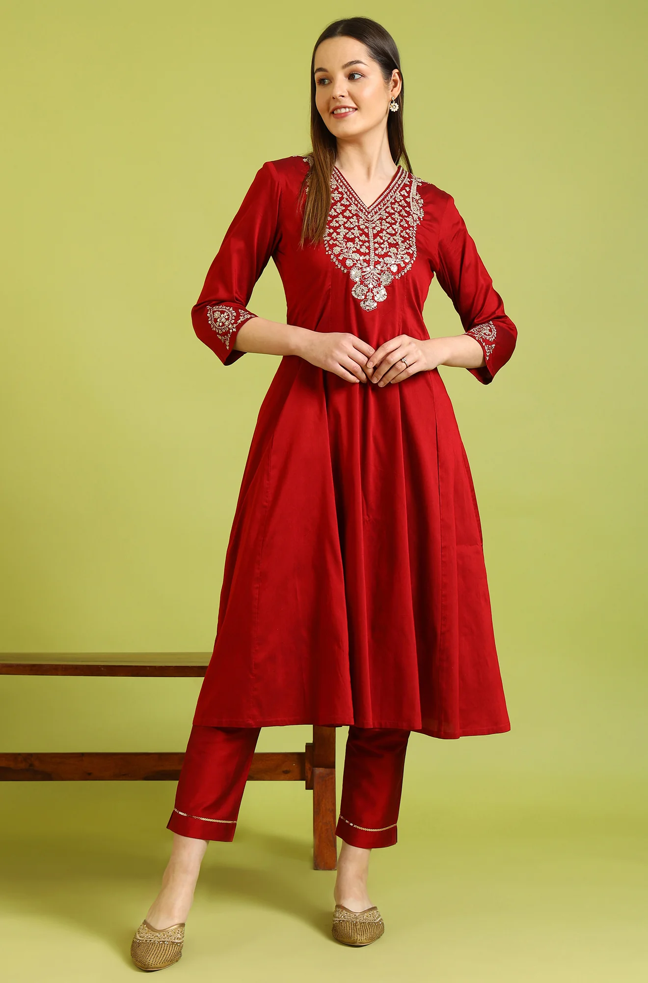 Dark Red Zari Embroidered Anarkali Kurta - Image 3