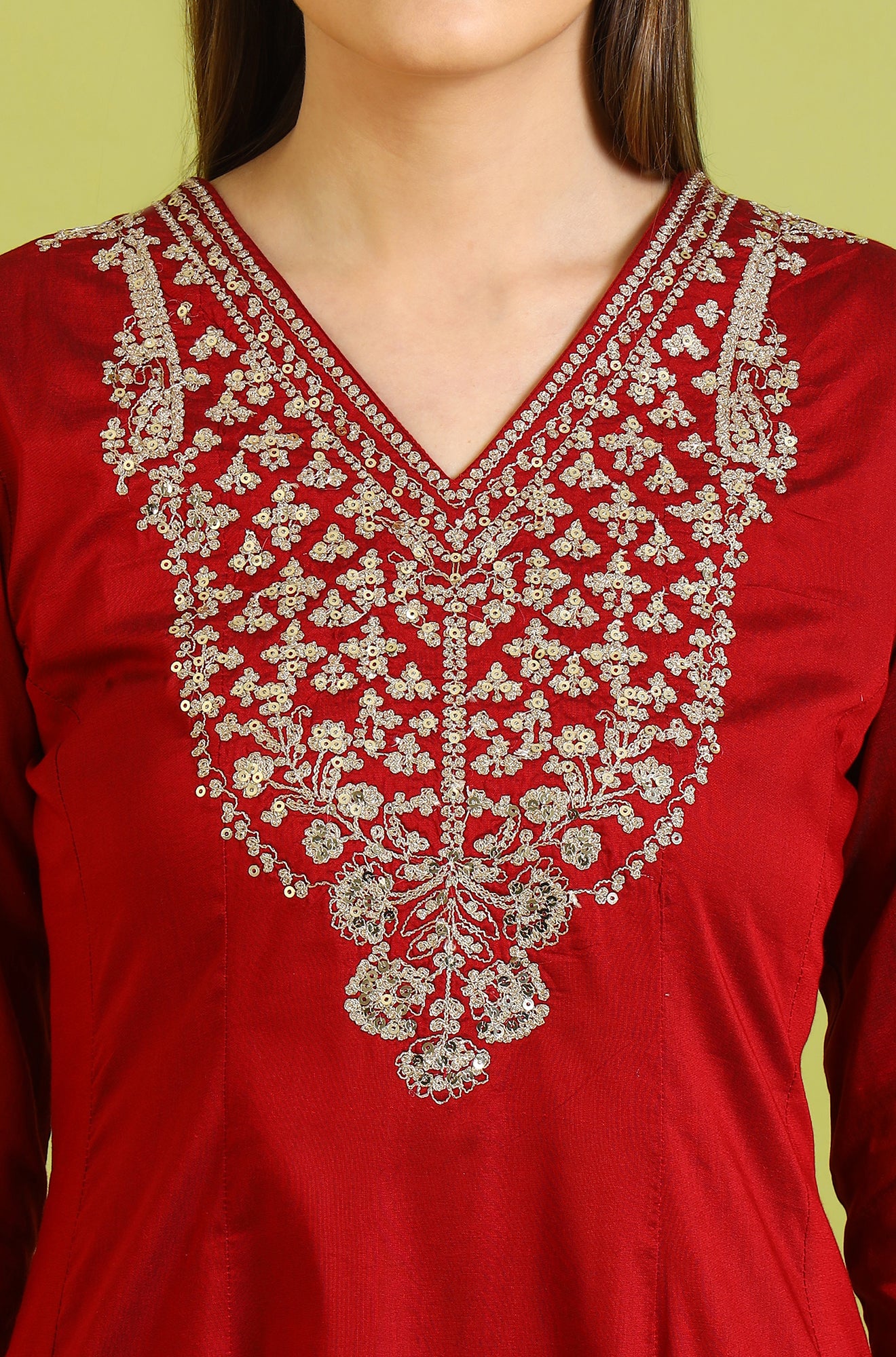 Dark Red Zari Embroidered Anarkali Kurta - Image 4