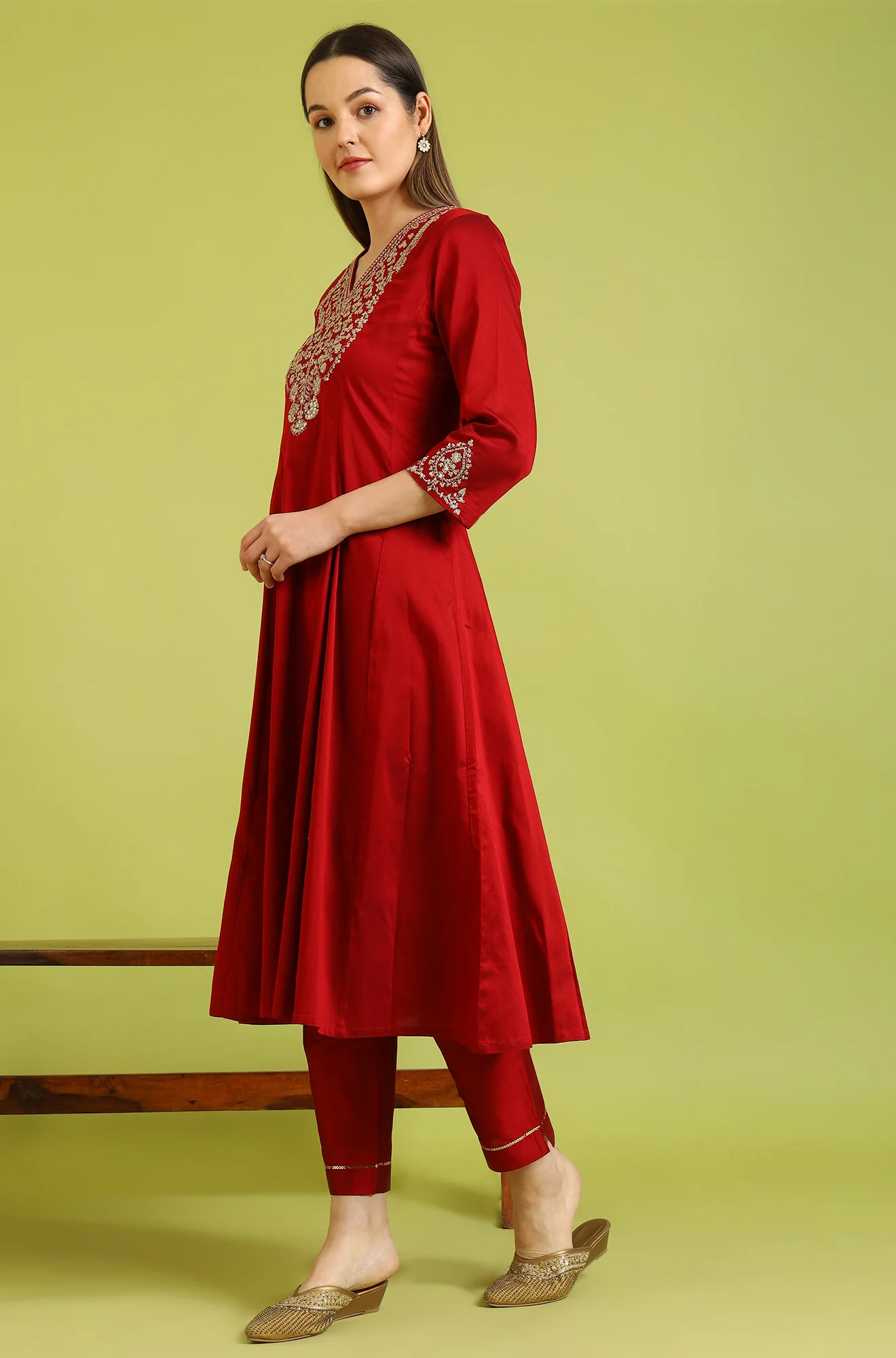 Dark Red Zari Embroidered Anarkali Kurta - Image 5