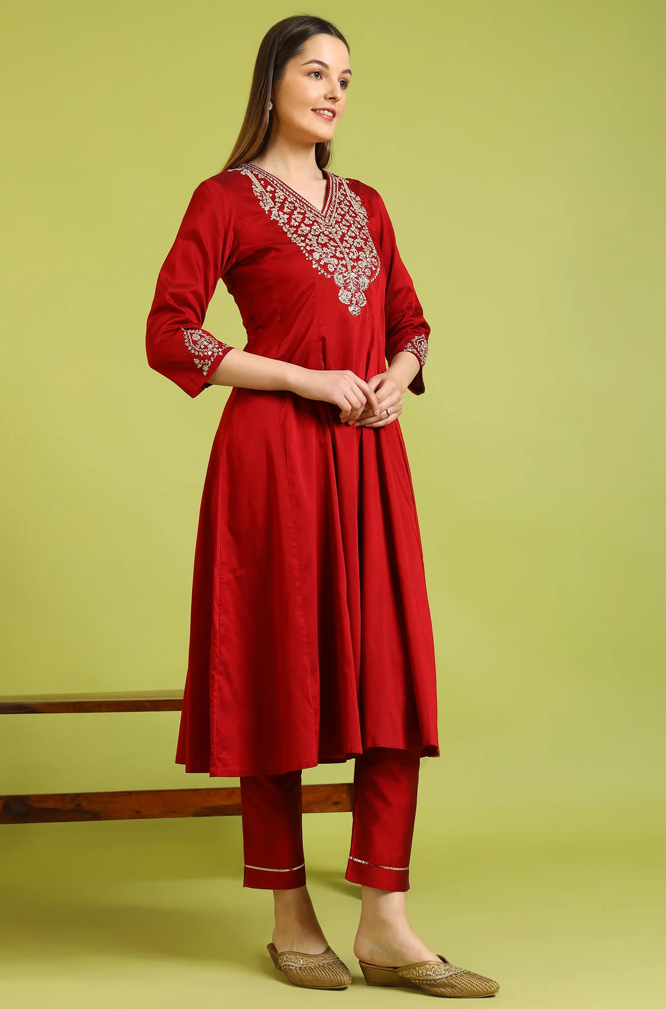 Dark Red Zari Embroidered Anarkali Kurta - Image 7