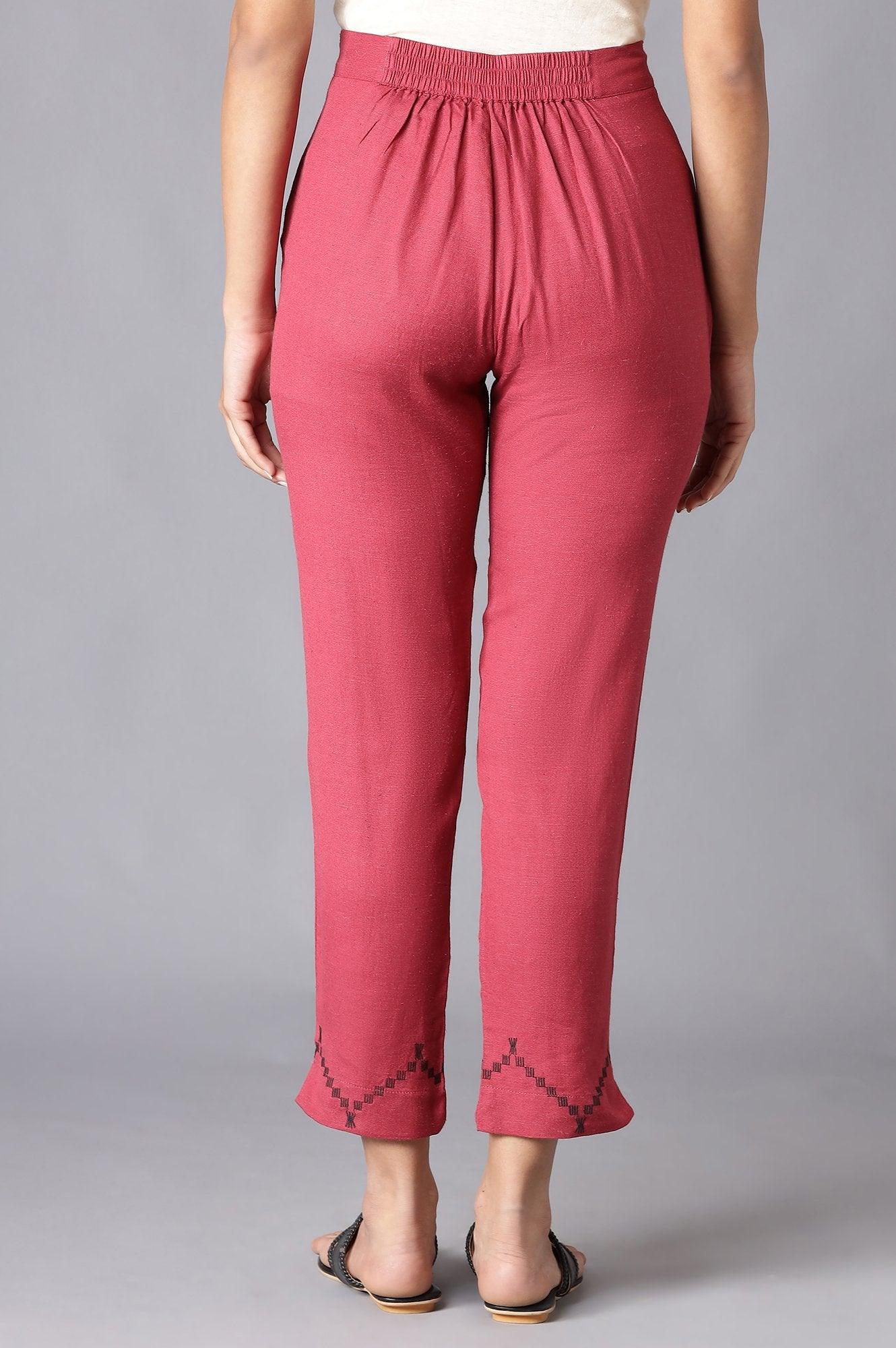 Dark Red Solid Slim Pants With Embroidery - Image 2