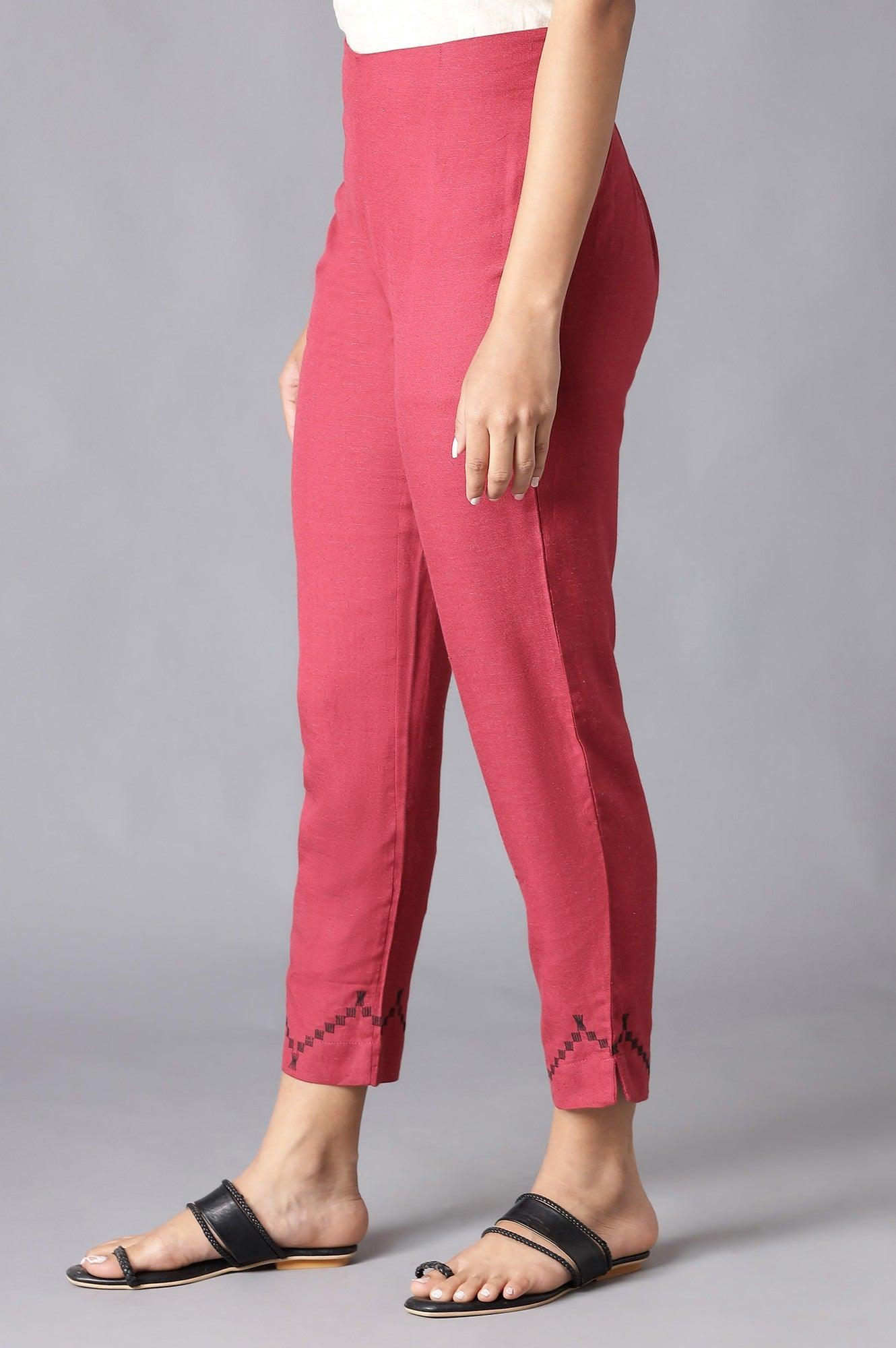 Dark Red Solid Slim Pants With Embroidery - Image 3