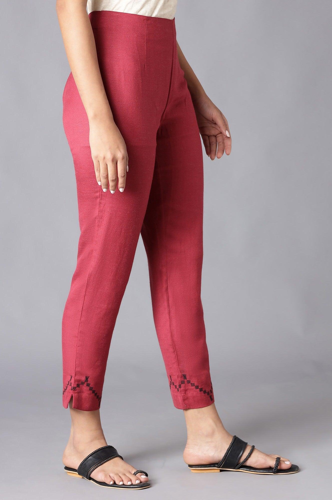 Dark Red Solid Slim Pants With Embroidery - Image 4