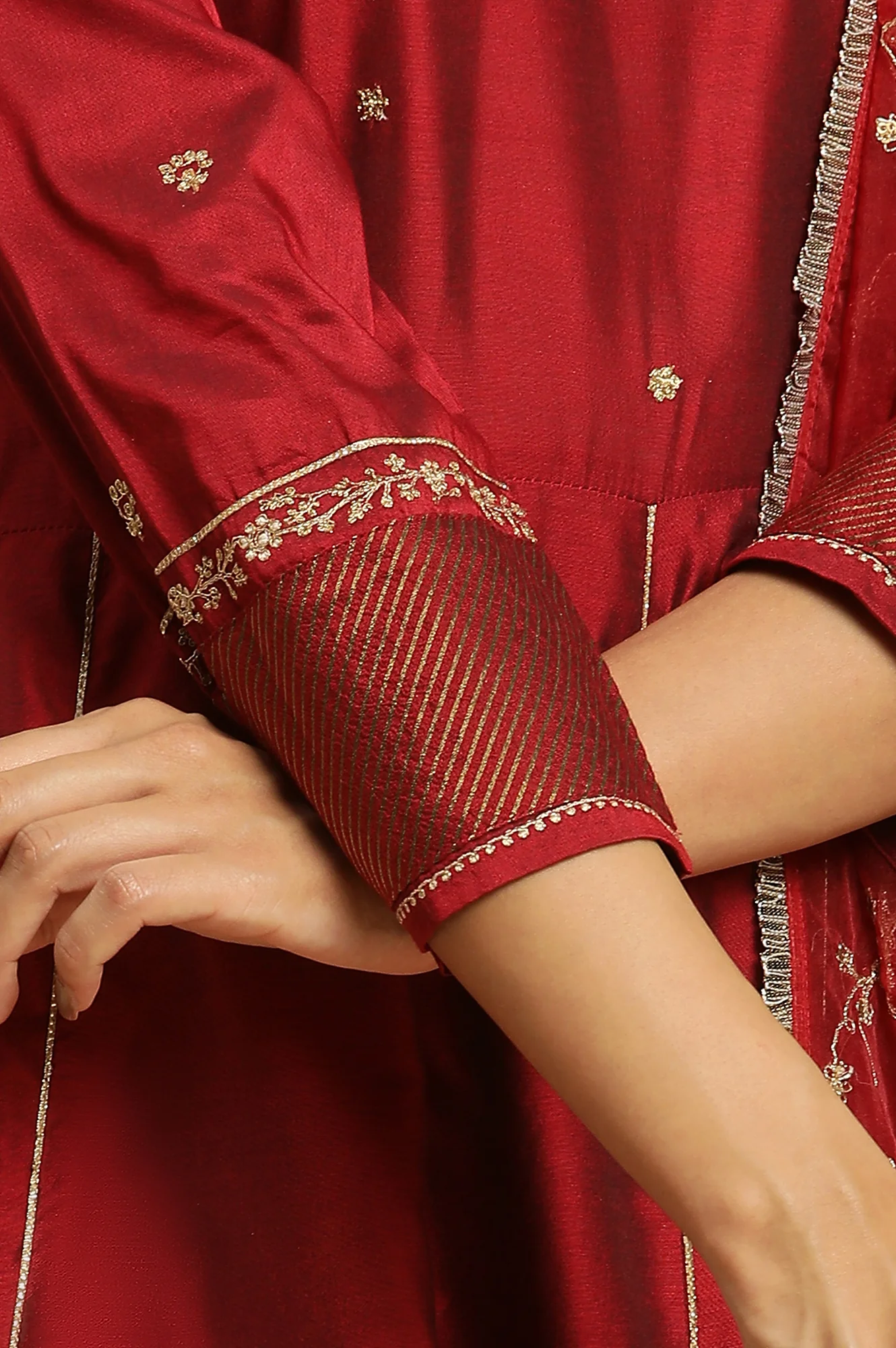 Dark Red Zari Embroidered Festive Kurta, Pant And Dupatta Set - Image 7