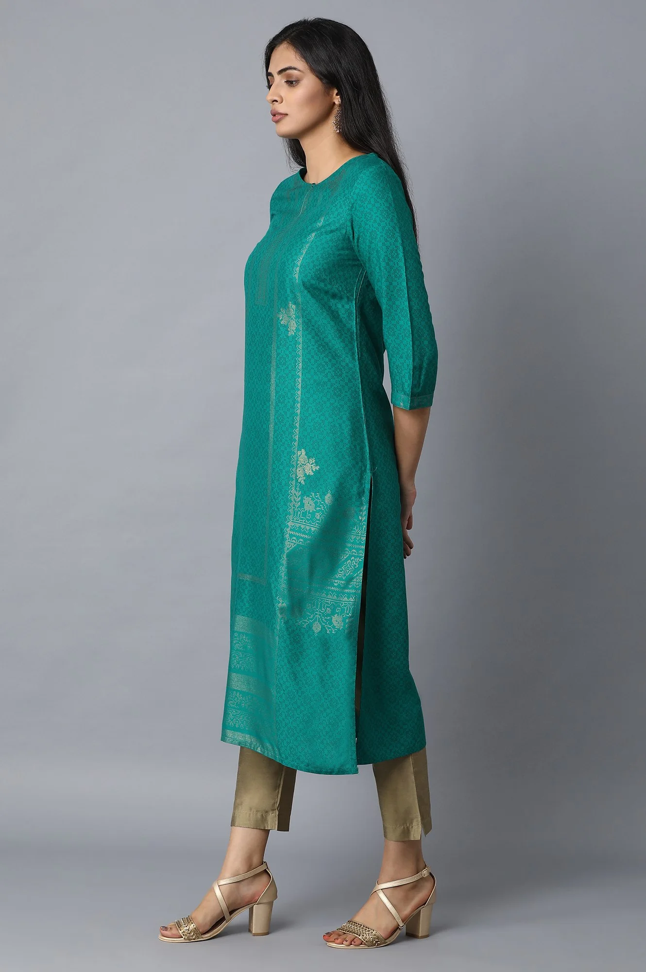 Dark Teal Foil Placement Print kurta - Image 4