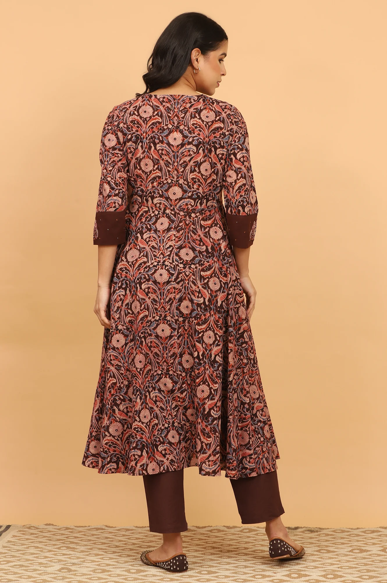 Dark Wine Handblock Print Kalamkari Kurta - Image 6