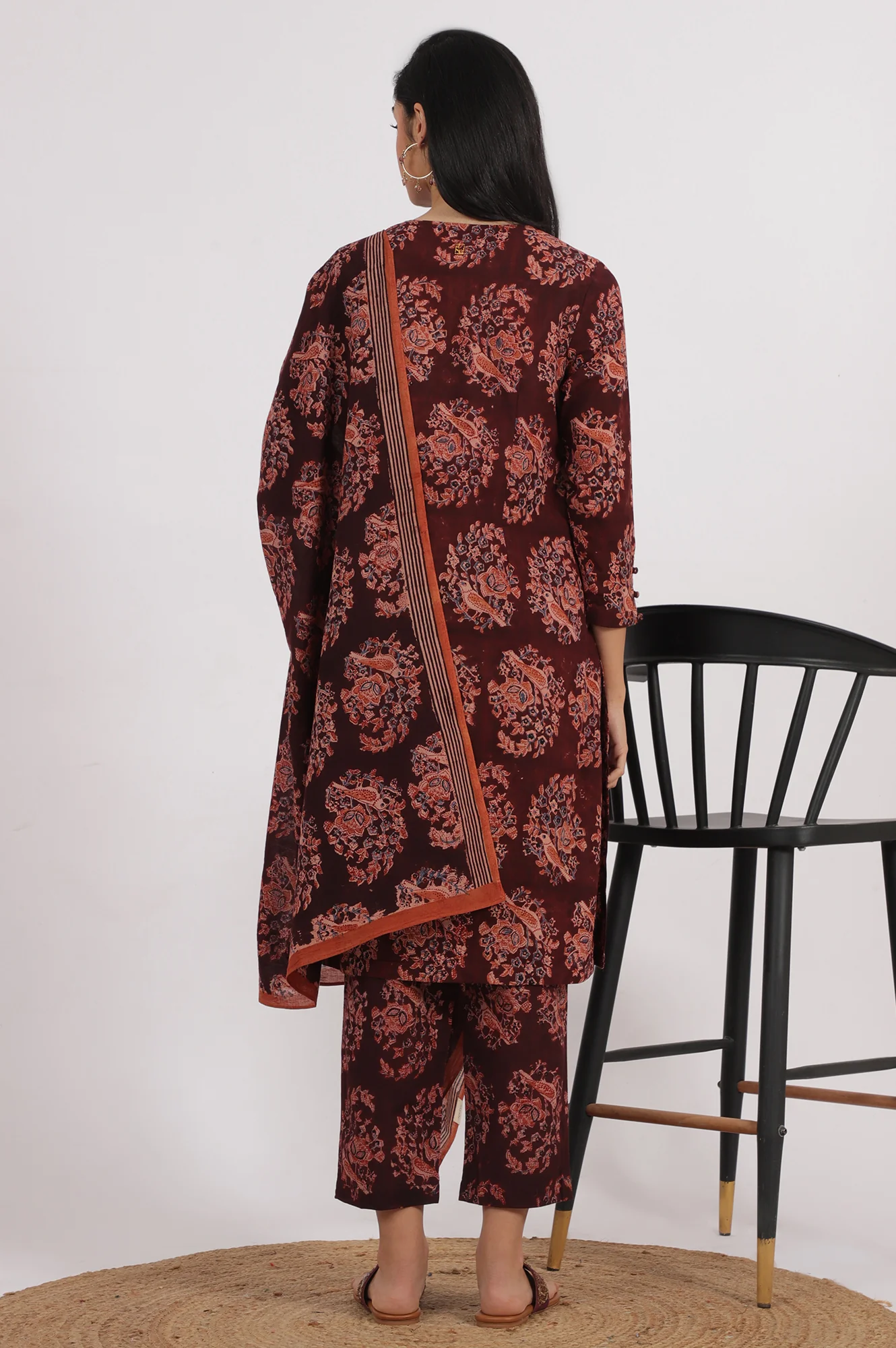 Dark Wine Kalamkari Printed Kurta, Straight Pants and Dupatta Set - Image 6