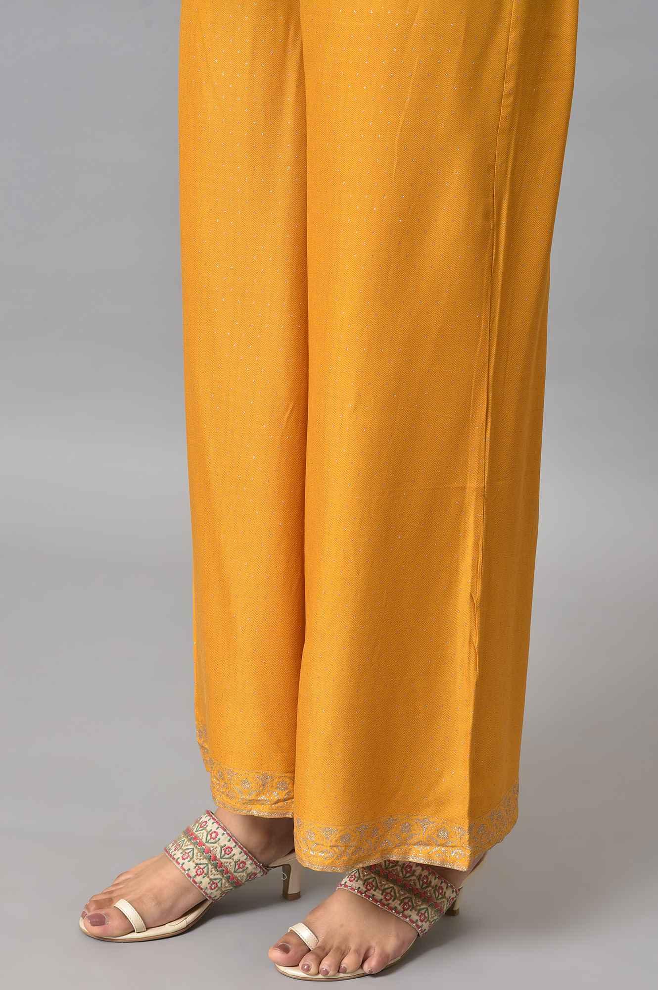 Dark Yellow A-Line Embroidered kurta With Parallel Pants And Jacquard Dupatta - Image 8