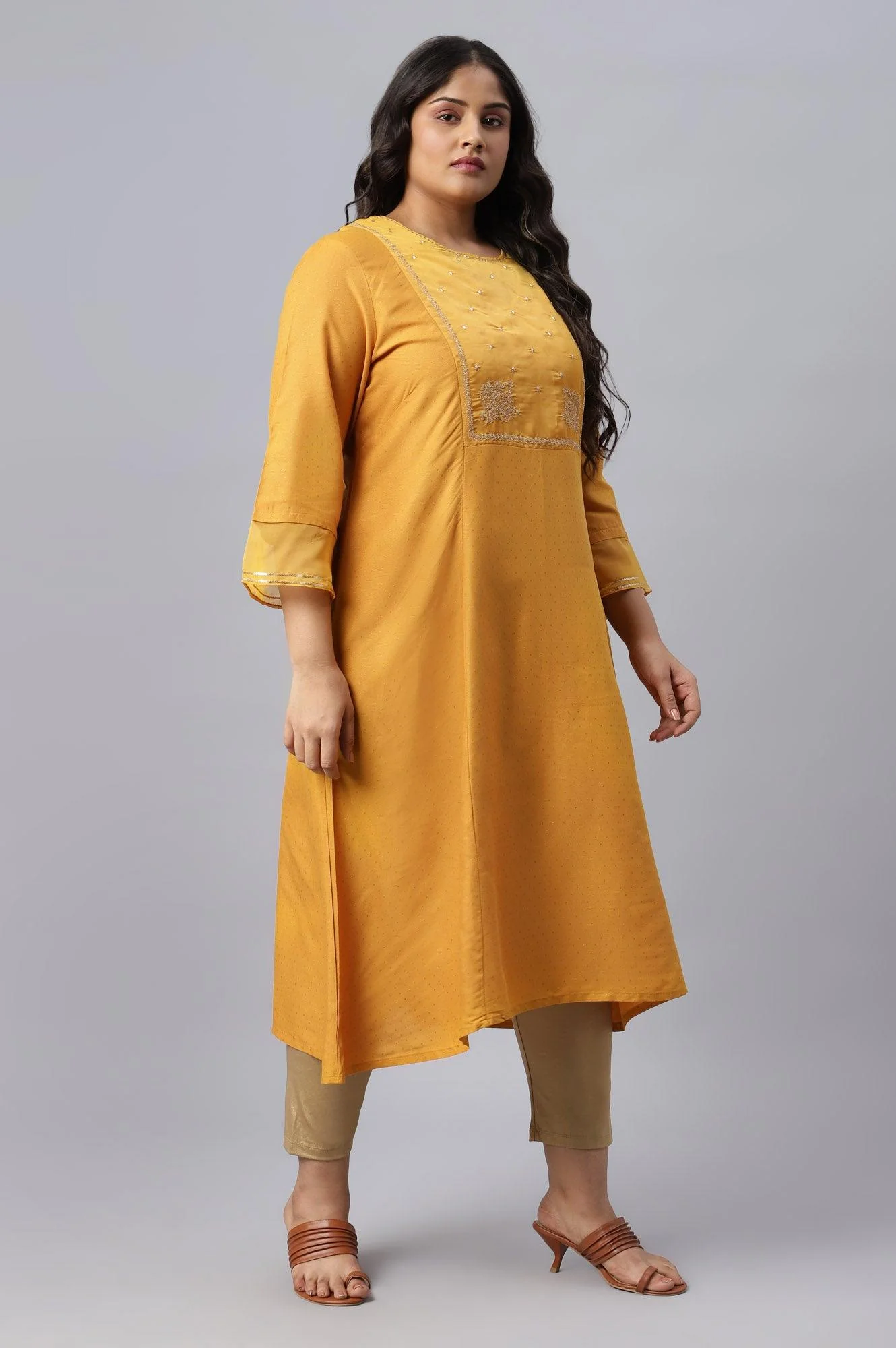 Dark Yellow A-Line Embroidered Plus Size kurta With Sequins - Image 4