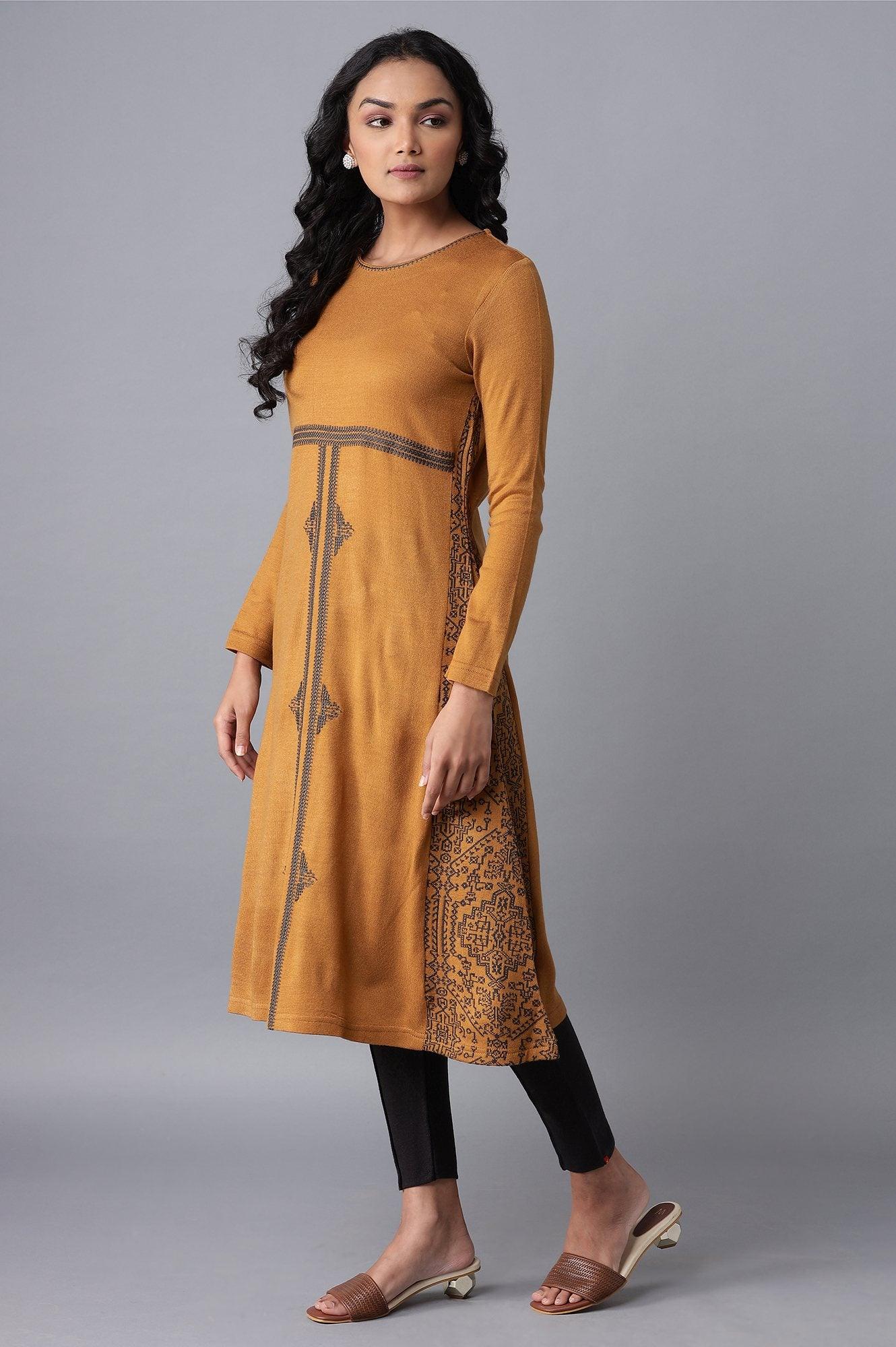 Dark Yellow A-line Winter Dress - Image 3