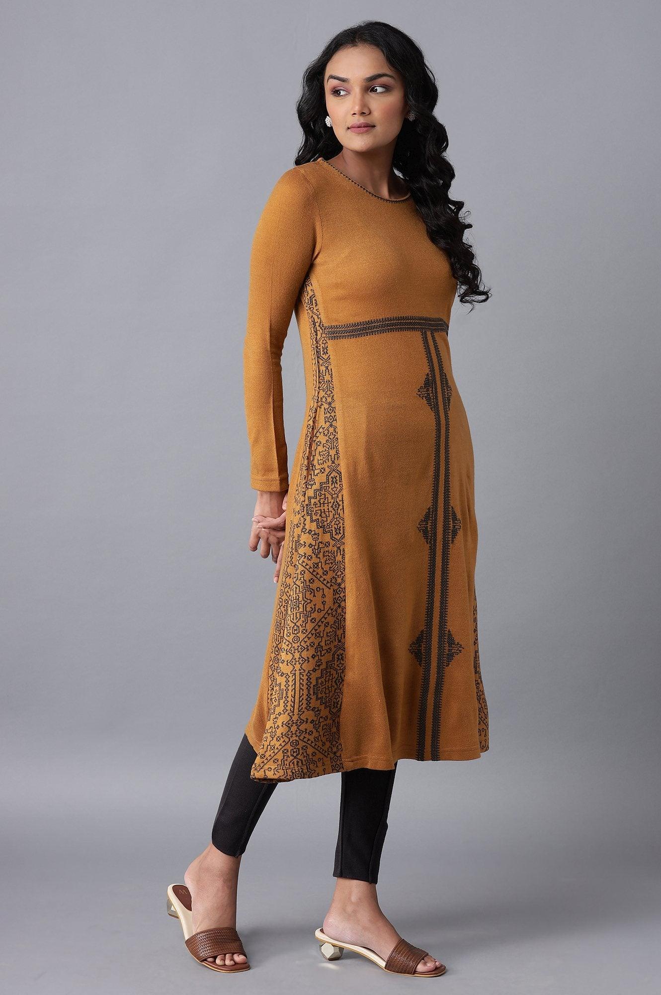 Dark Yellow A-line Winter Dress - Image 4