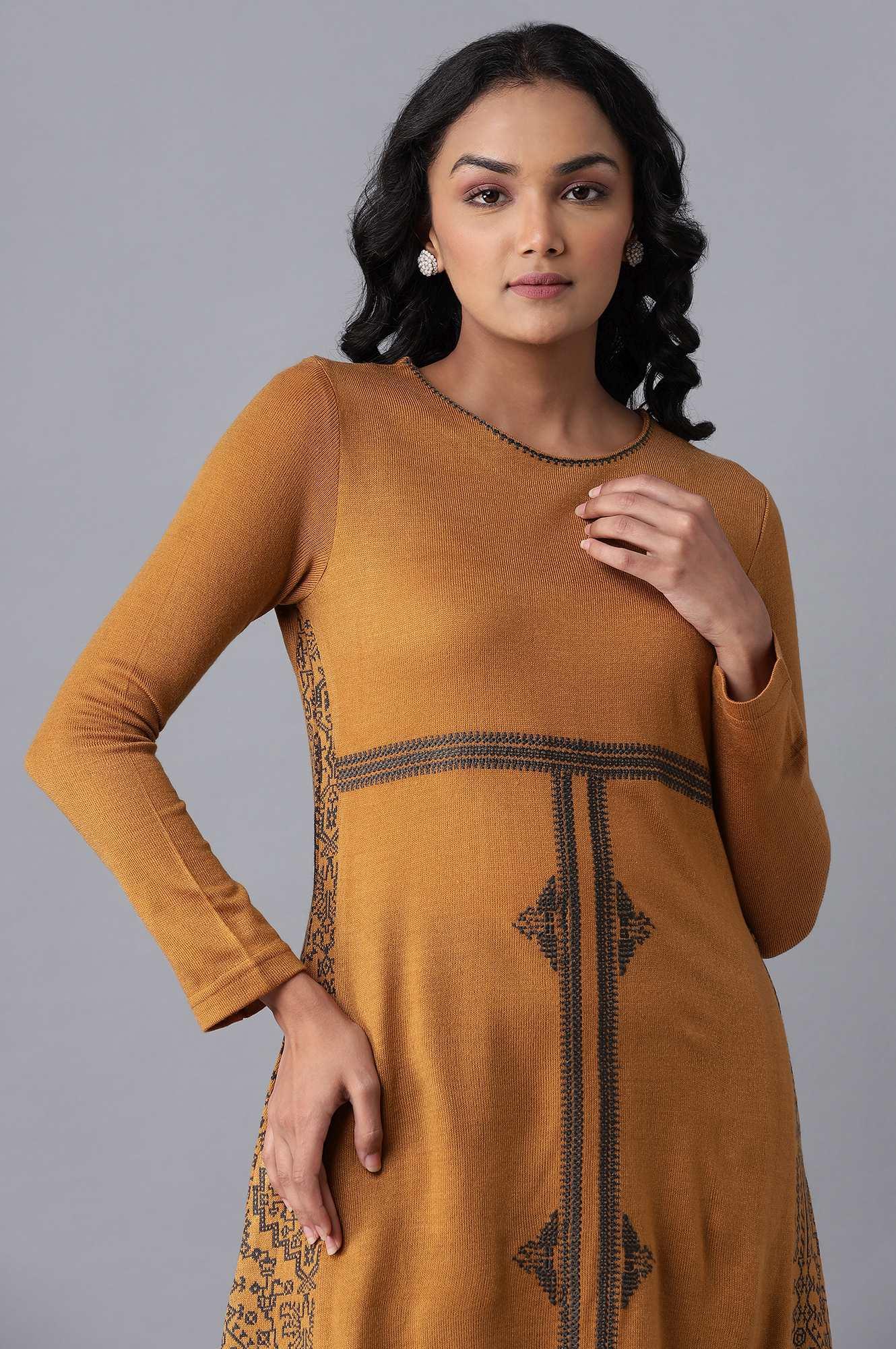 Dark Yellow A-line Winter Dress - Image 5