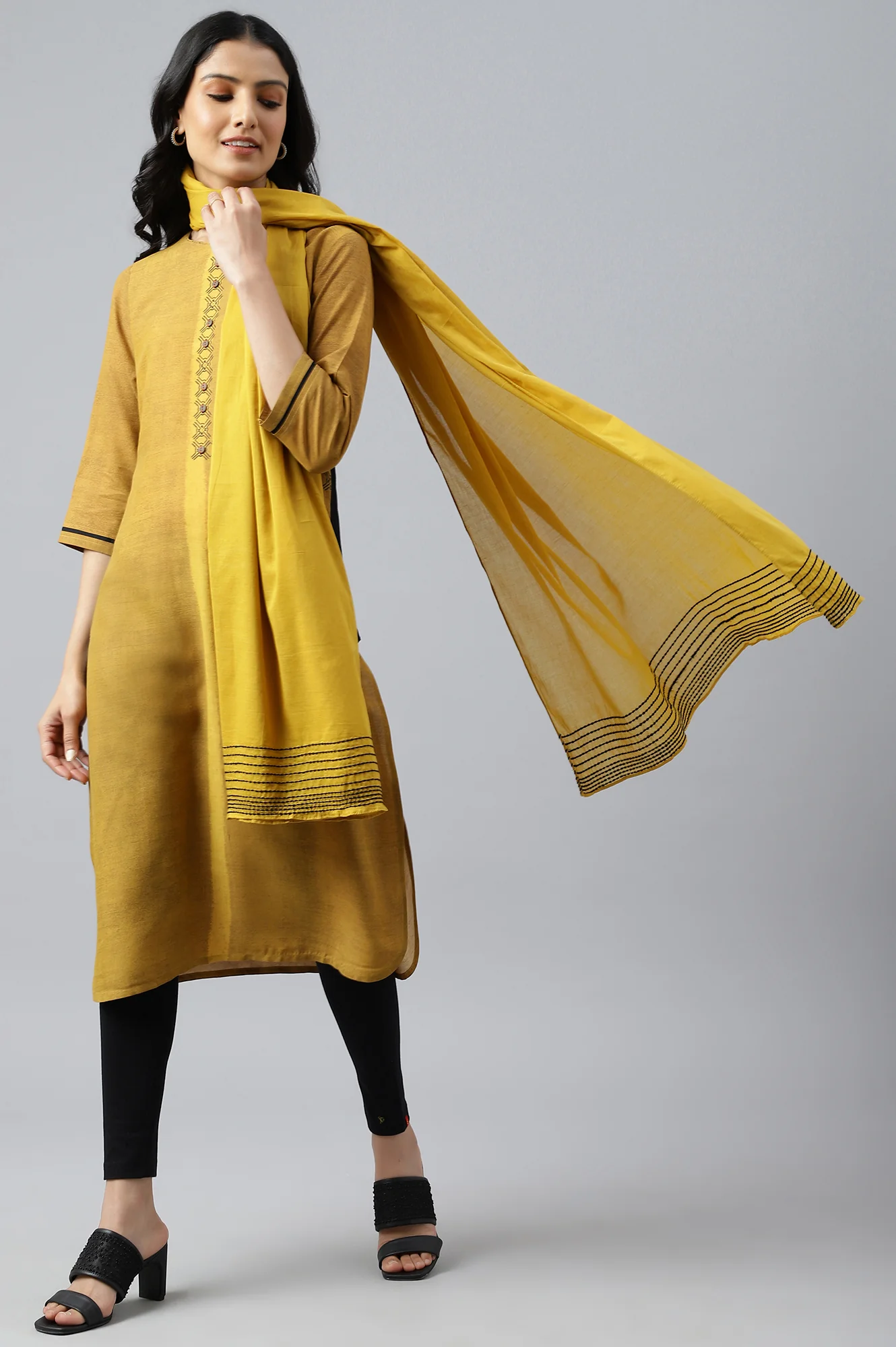 Dark Yellow Cotton Dupatta With Pinfold Border - Image 3