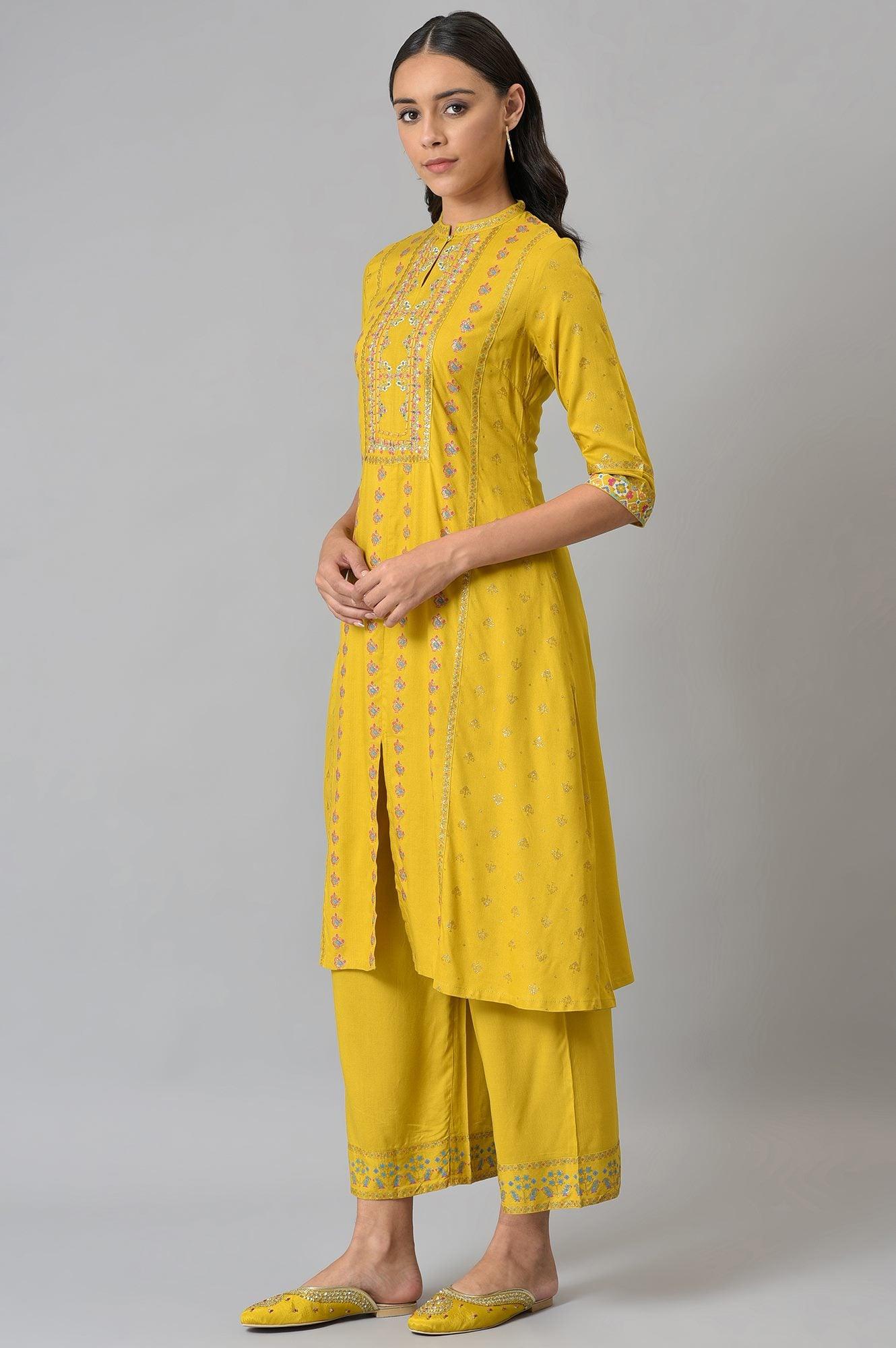 Dark Yellow Embroidered A-Line kurta With Printed Parallel Pants - Image 3