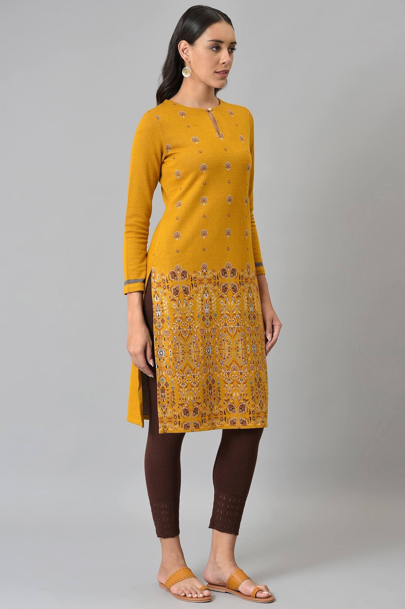Dark Yellow Geometric Print Plus Size Winter Kurta - Image 4