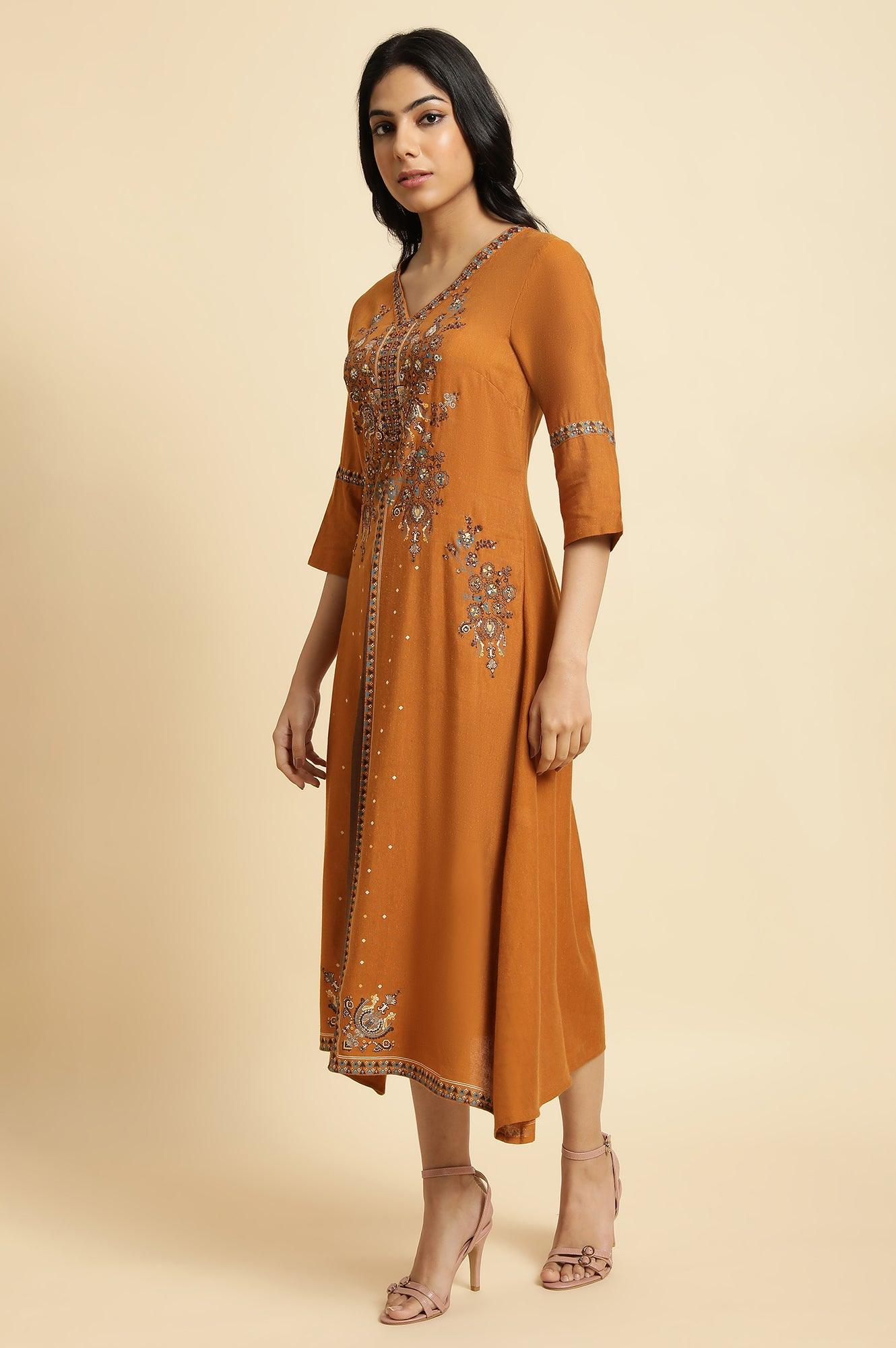 Dark Yellow Printed Godget Dress - Image 4