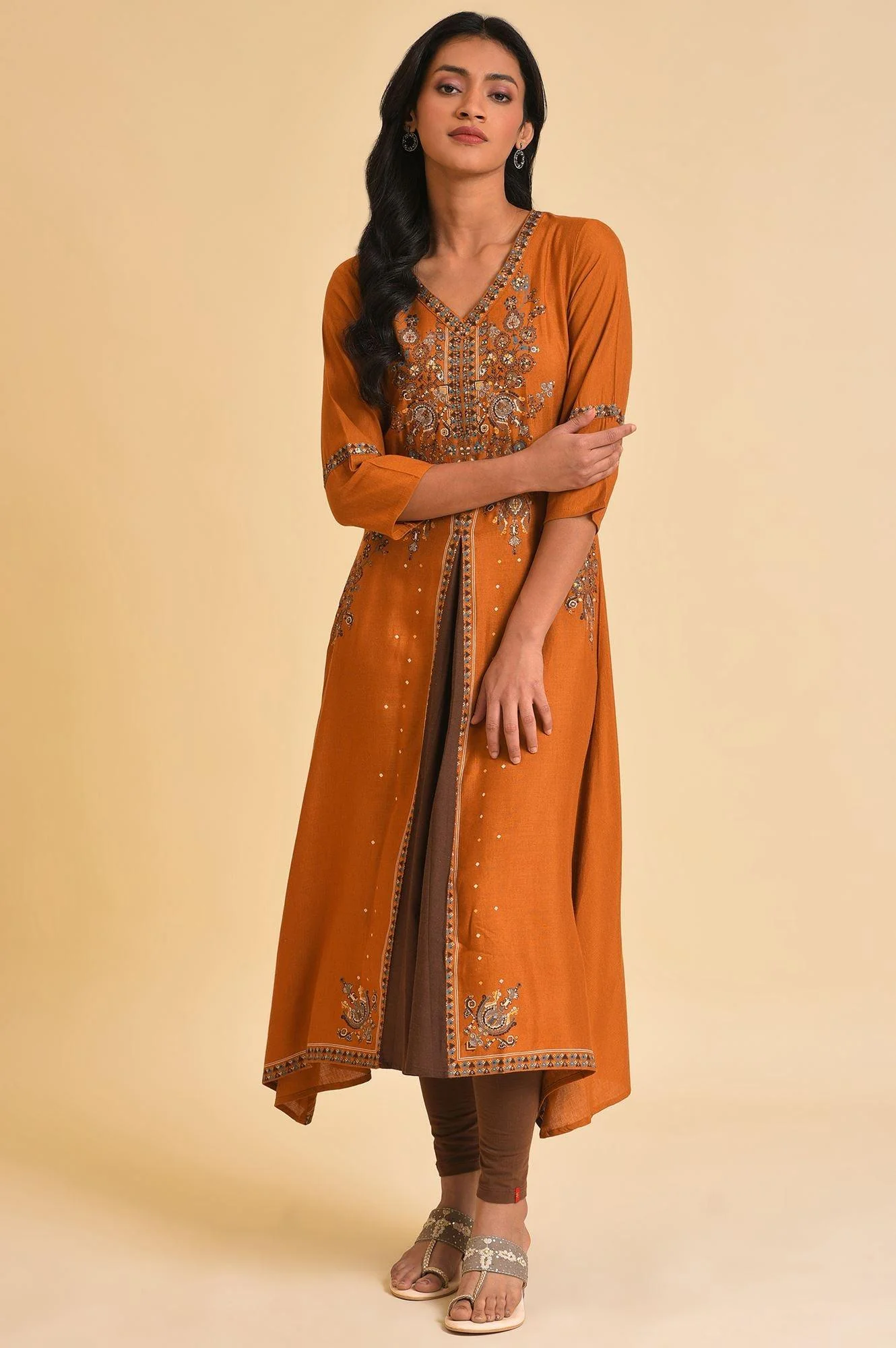 Dark Yellow Printed Godget Dress & Tights Set - Image 8