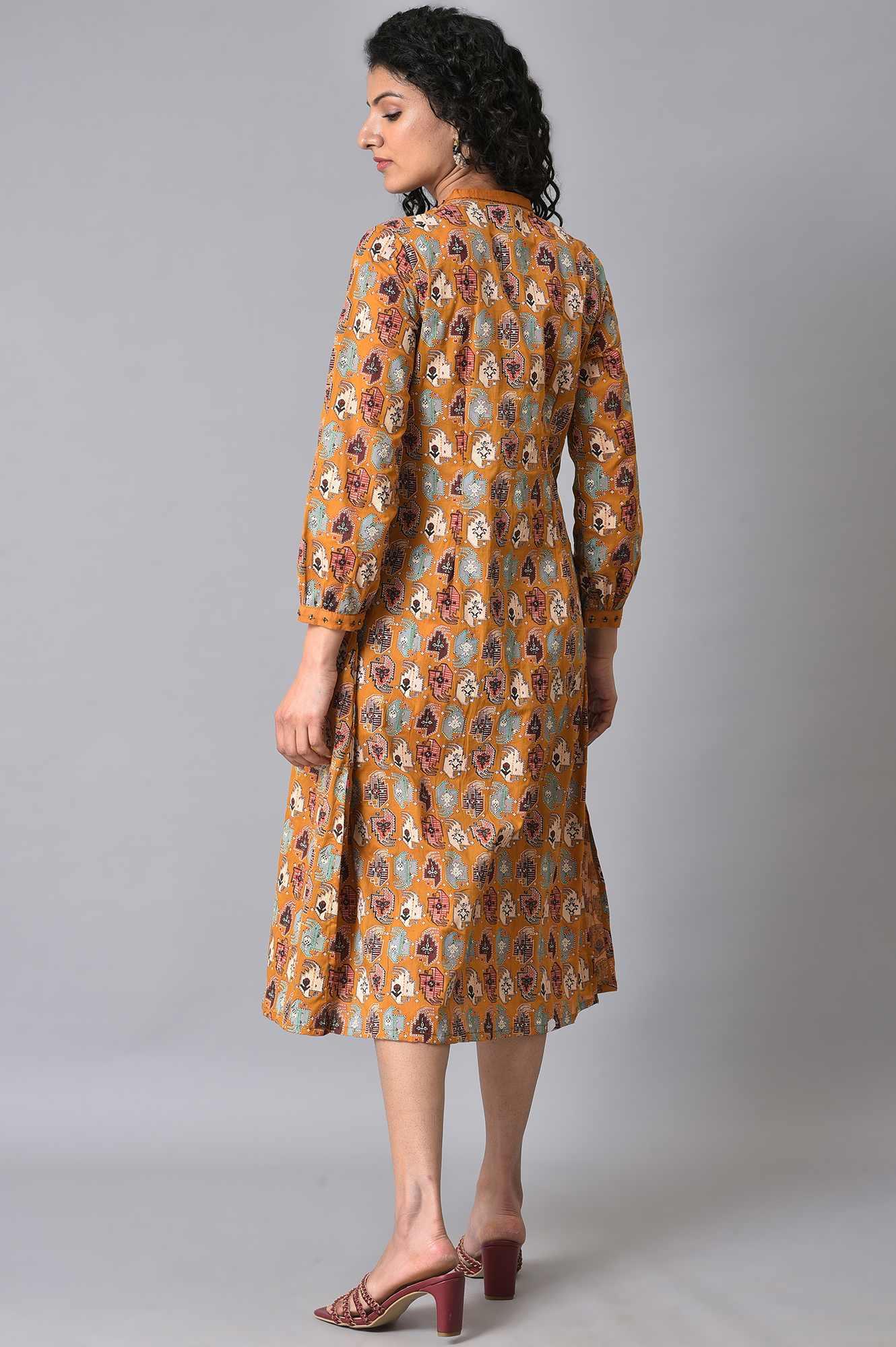 Dark Yellow Printed Pleated Shirt Dress - Image 3