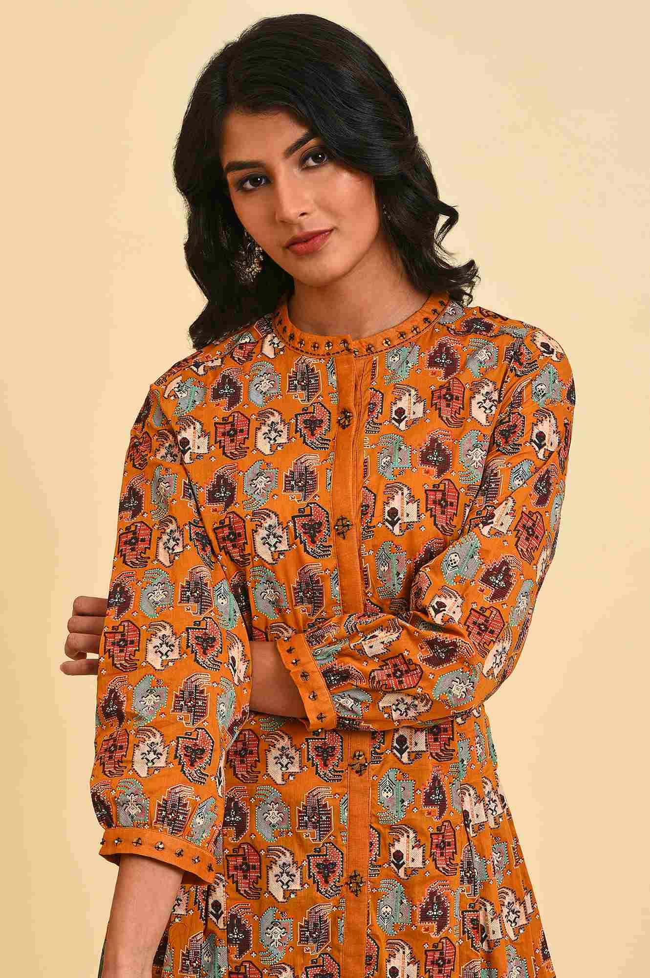 Dark Yellow Printed Shirt Dress Set - Image 5