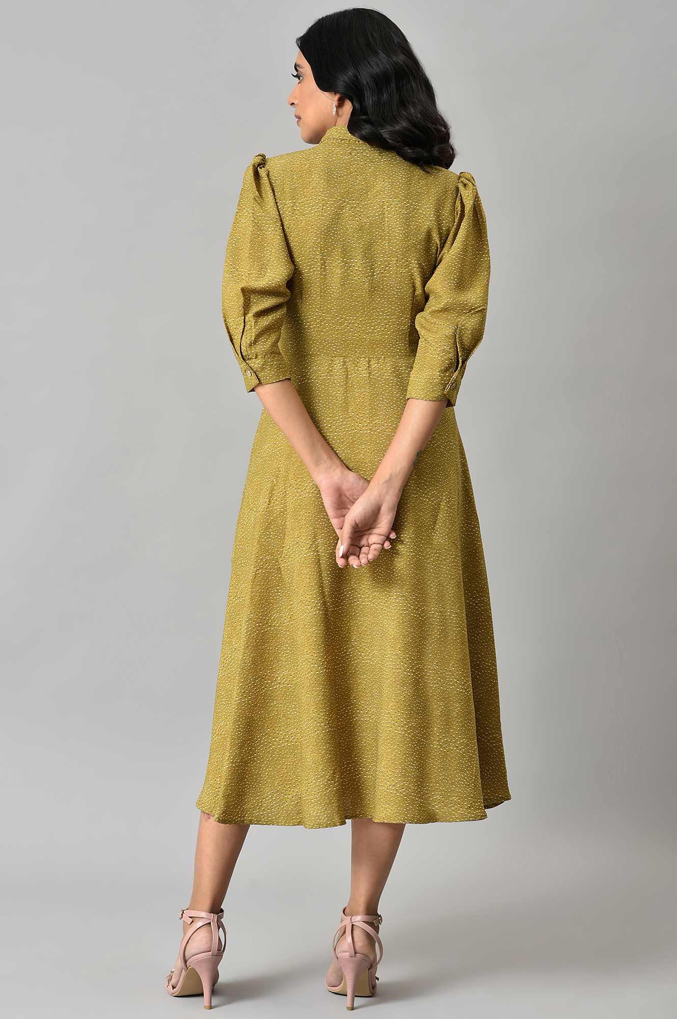 Dark Yellow Shirt Collar Embroidered Dress - Image 2
