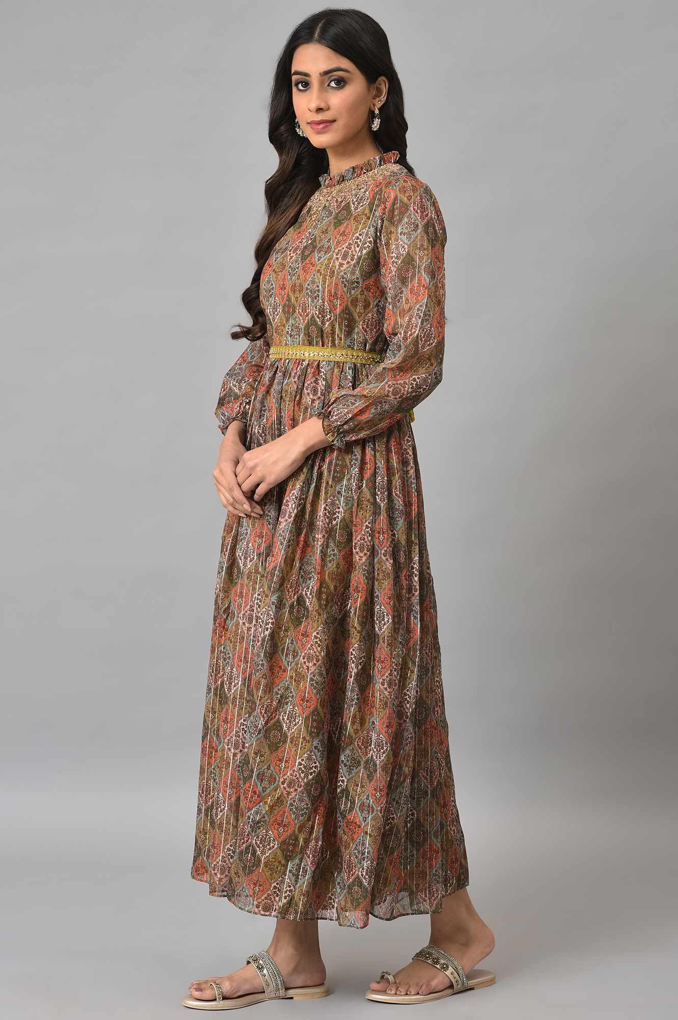 Dark Yellow Cotton Victorian-Style Midi Dress - Image 3