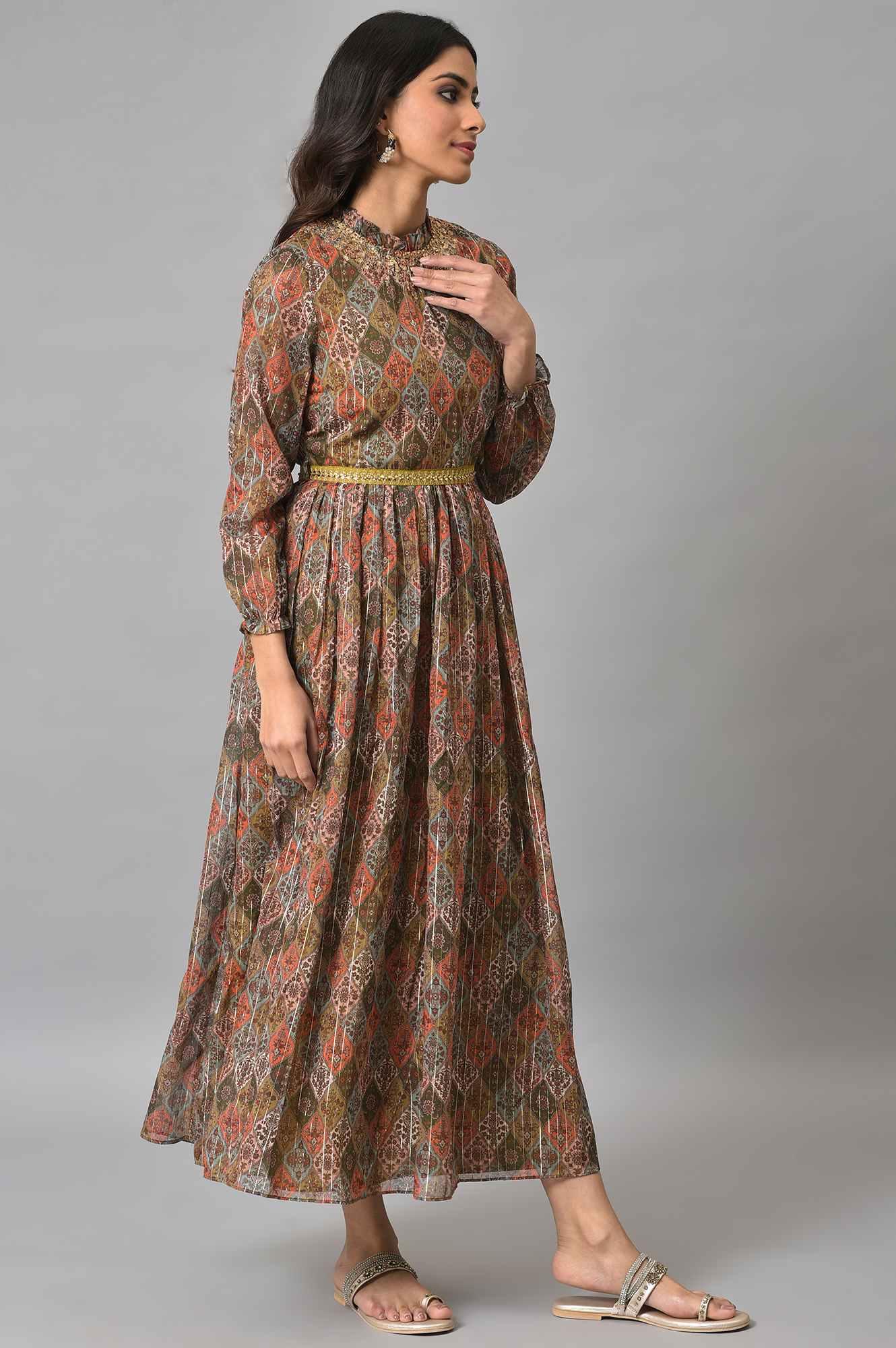 Dark Yellow Cotton Victorian-Style Midi Dress - Image 4