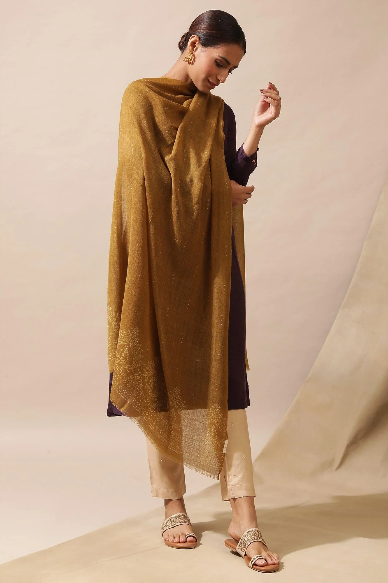 Dark Yellow Woollen Printed Shawl - Image 3