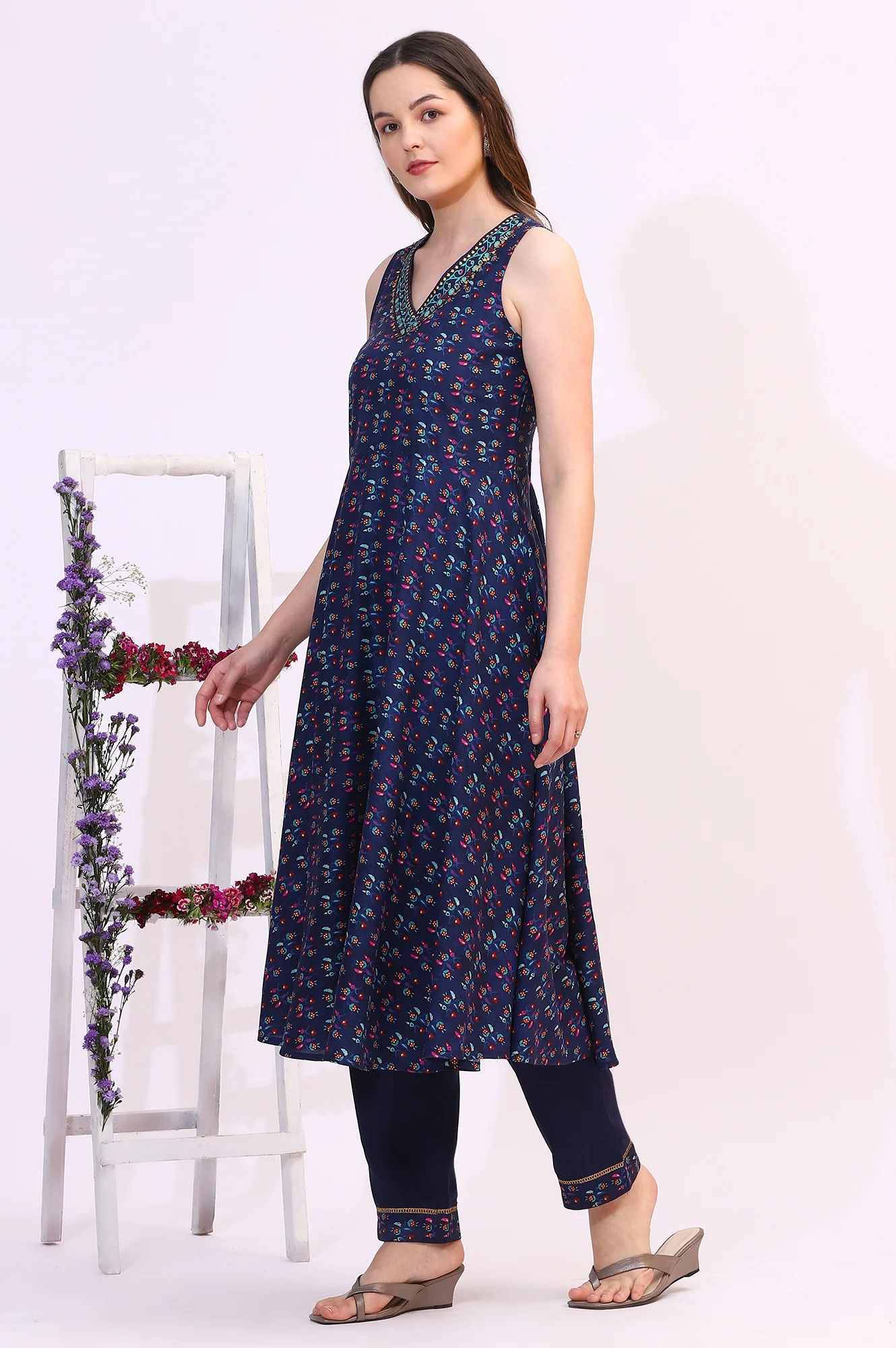 Deep Blue Floral Foil Printed Sleeveless Rayon Anarkali Kurta, Straight Pants and Dupatta Set - Image 5