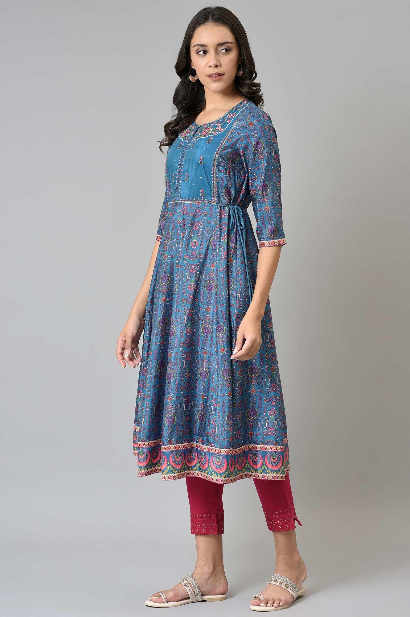 Deep Blue Printed And Embroidered kurta - Image 3