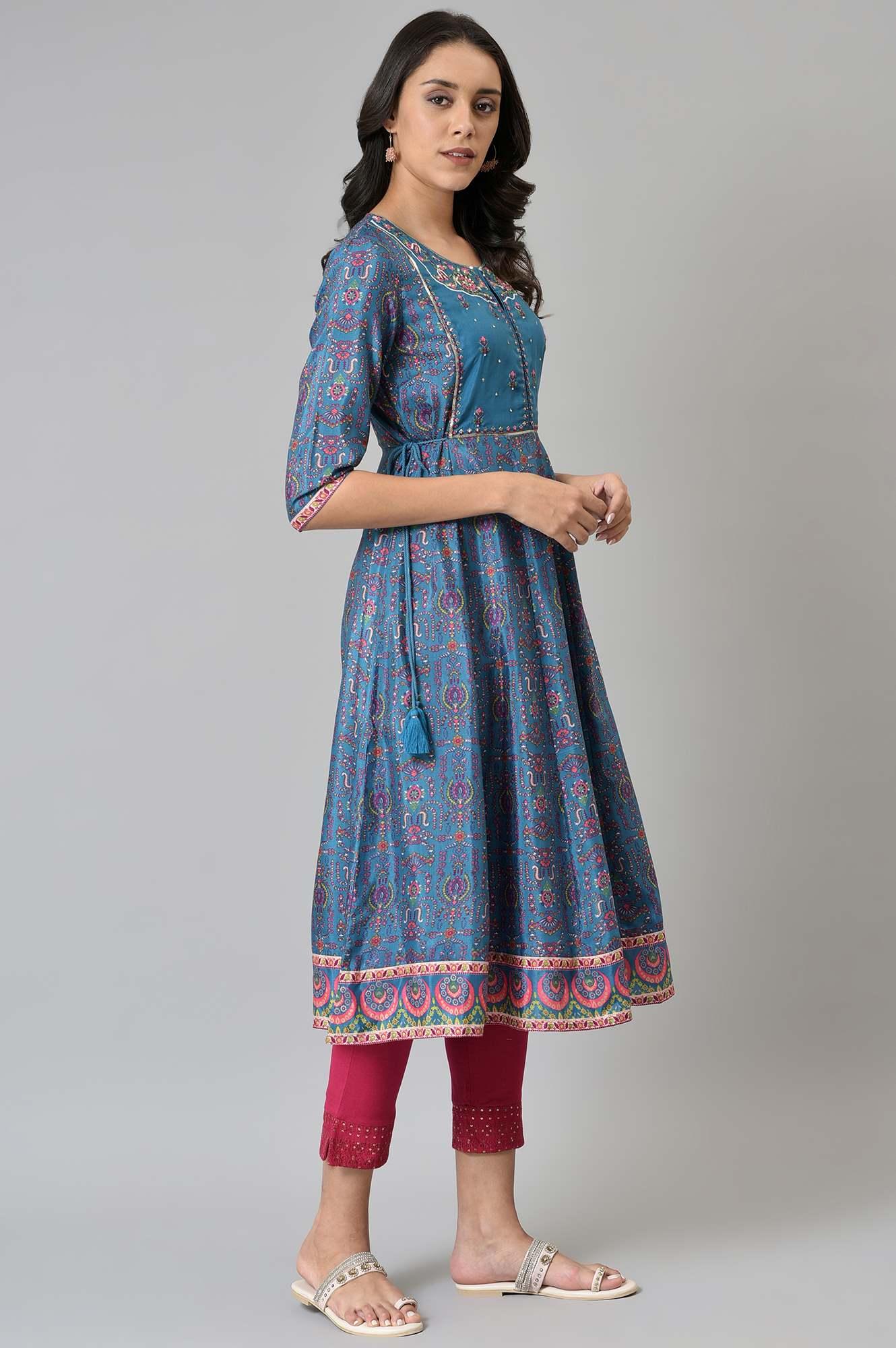 Deep Blue Printed And Embroidered kurta - Image 4