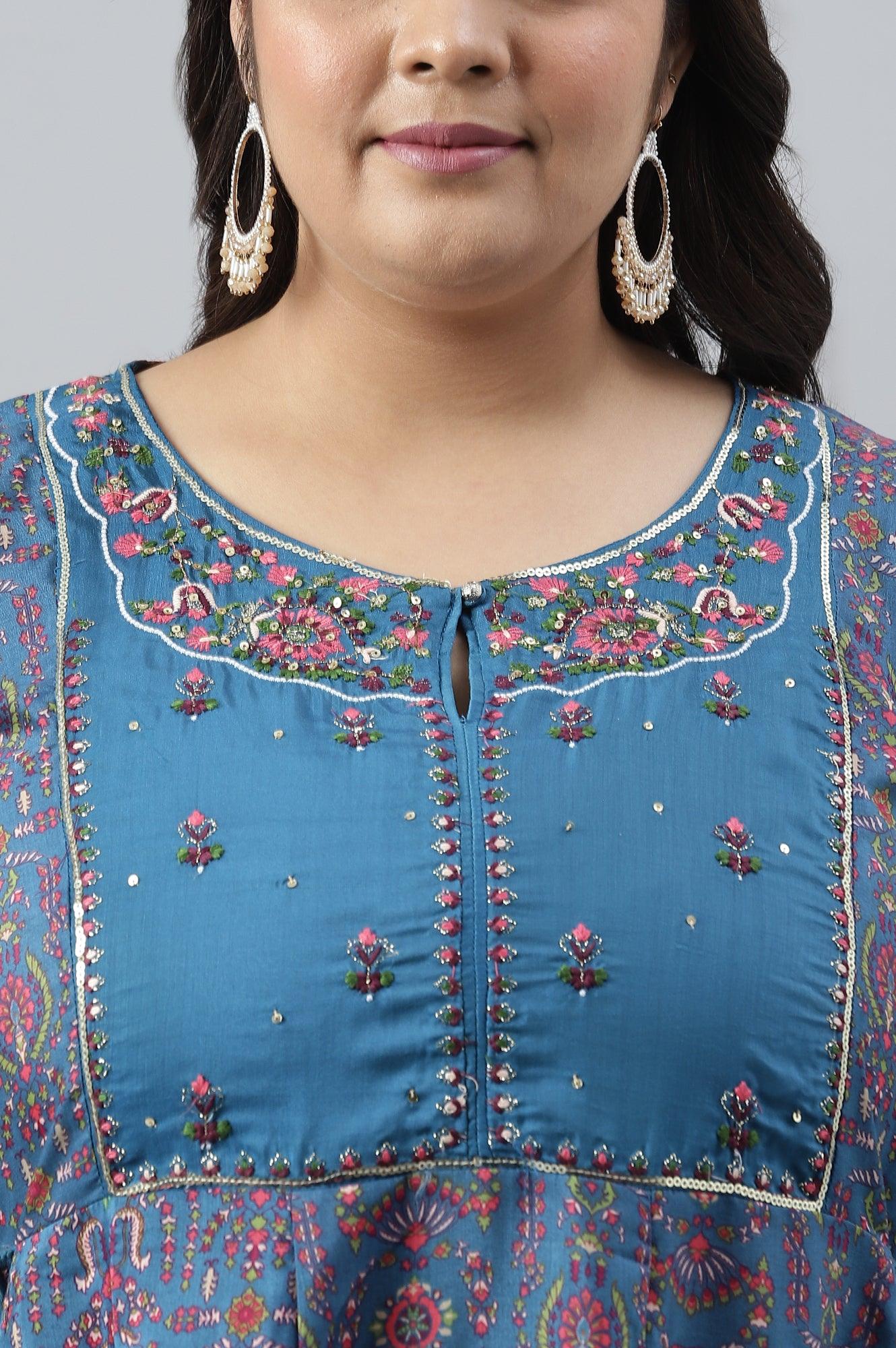 Deep Blue Printed And Embroidered Plus Size kurta - Image 5